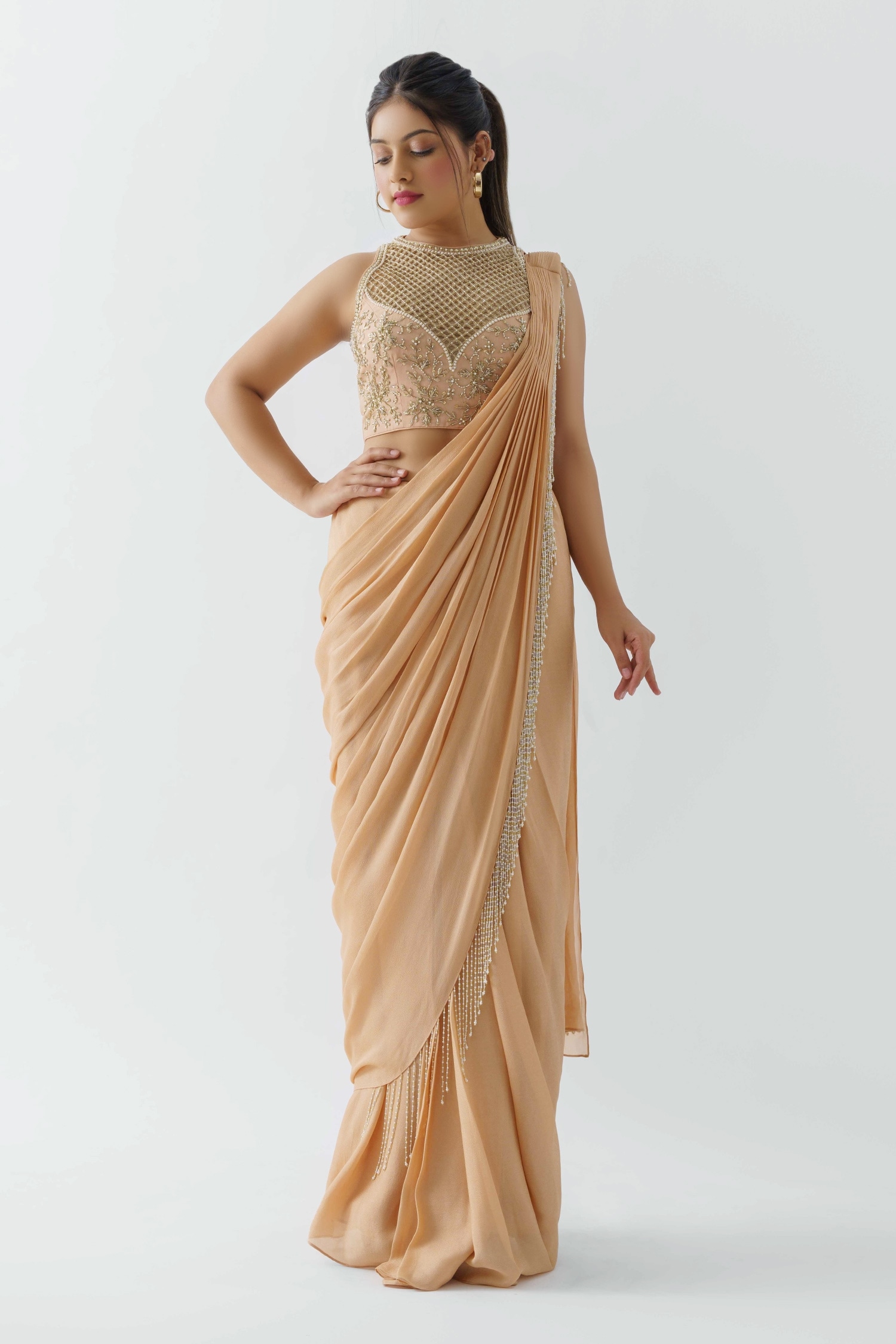 Buy Suruchi Parakh Peach Georgette Crepe Pre-draped Saree With ...