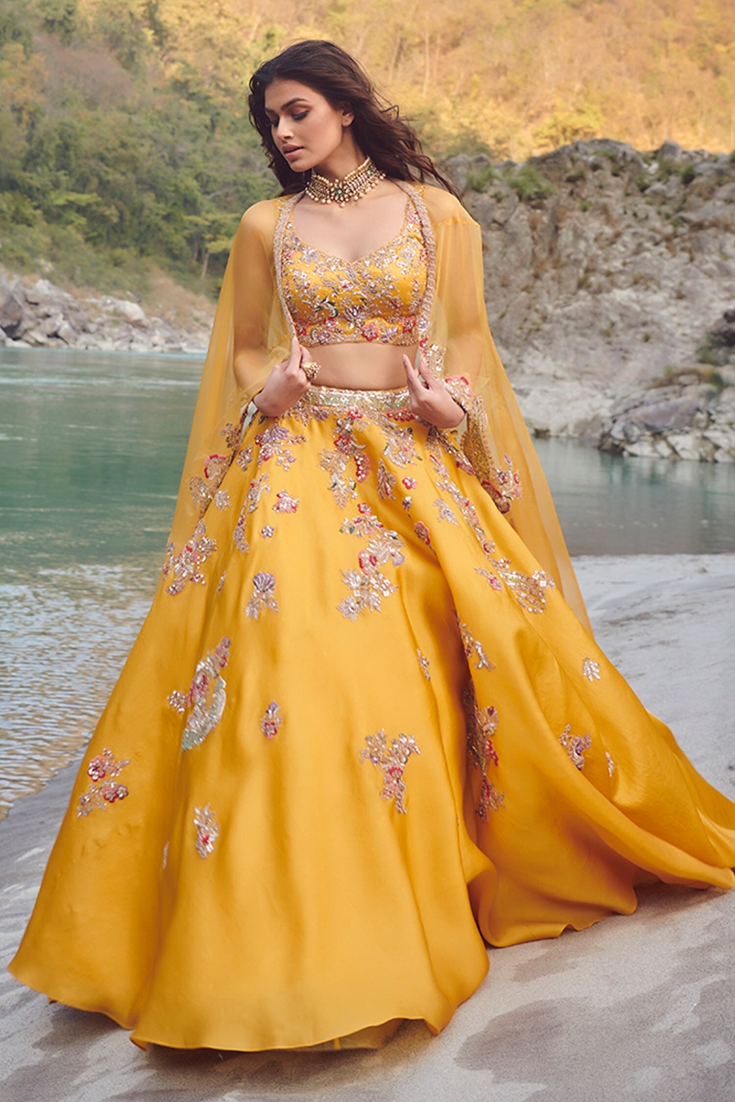 Buy Dolly J Yellow Carmine Organza Cape Lehenga Set Online Aza Fashions