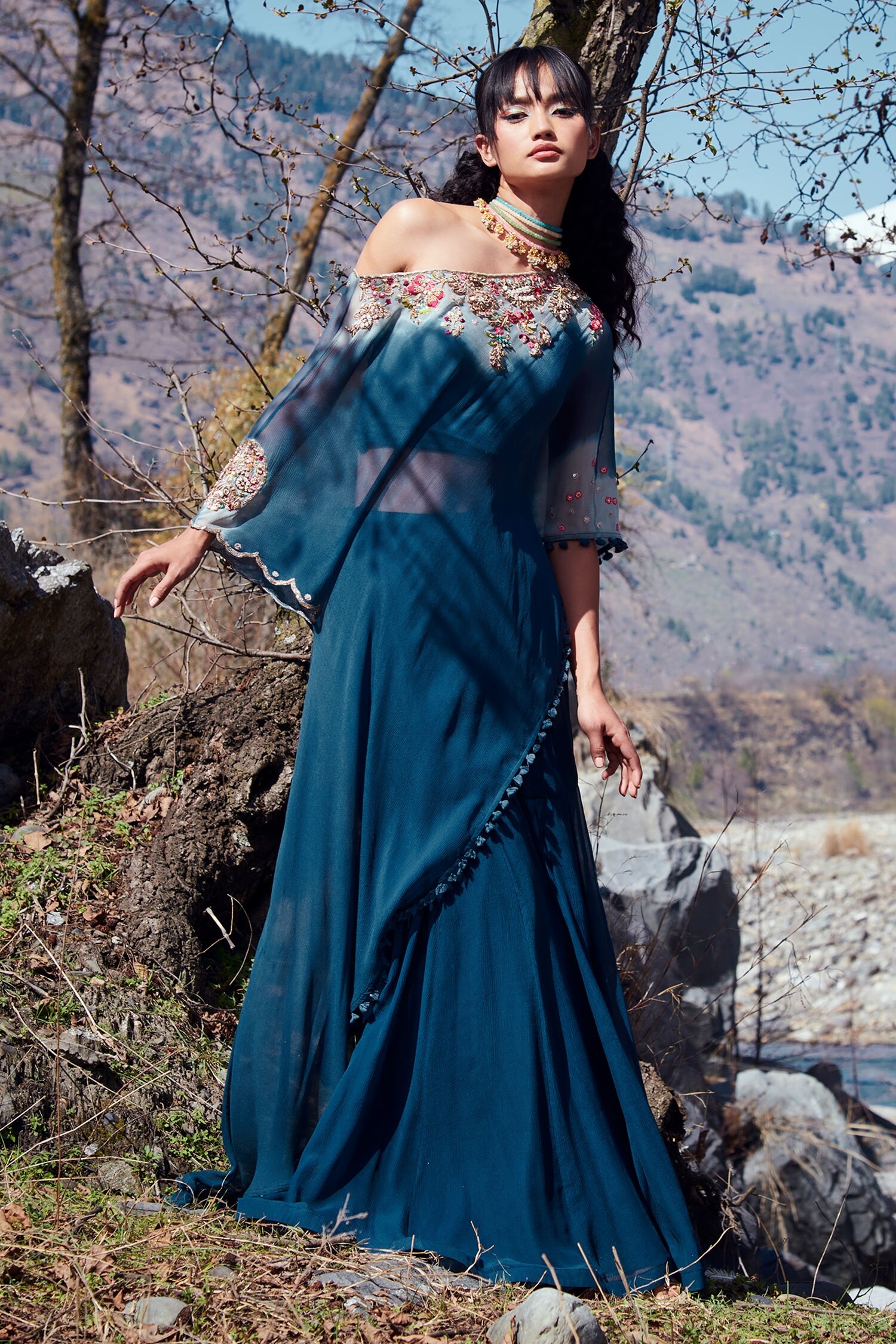 Buy Dolly J Blue Chiffon Jocelyn Cape And Sharara Set Online Aza Fashions