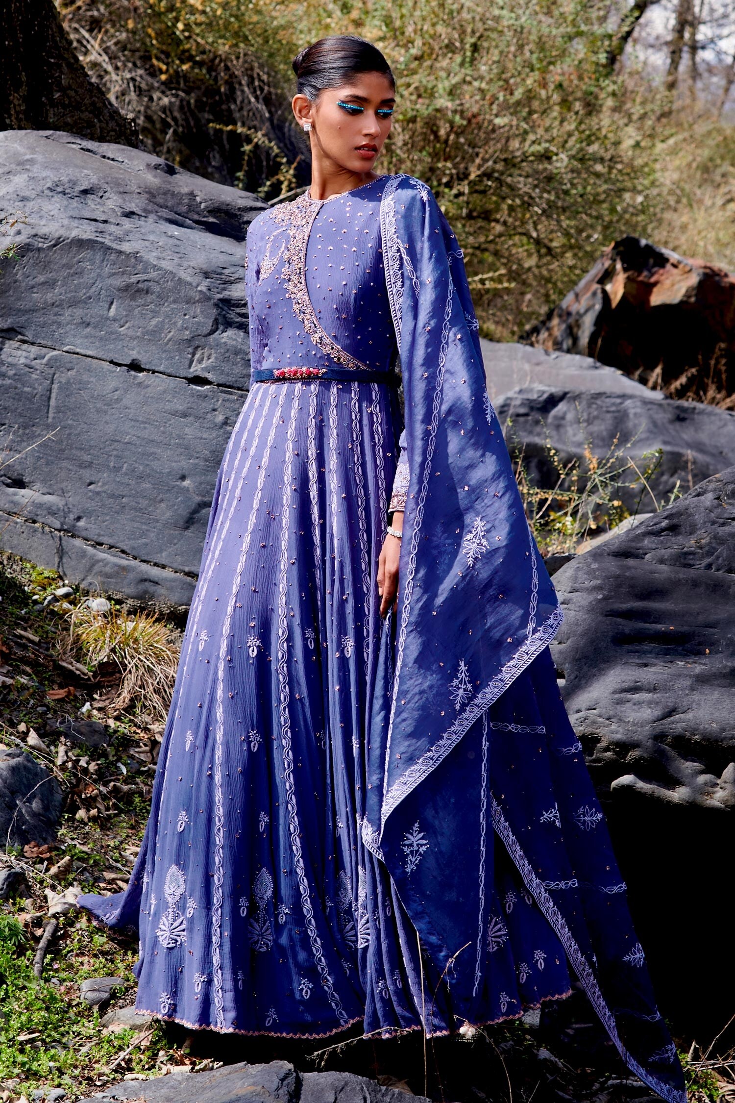 Buy Dolly J Blue Chiffon Arihee Lucknowi Anarkali Set Online Aza Fashions