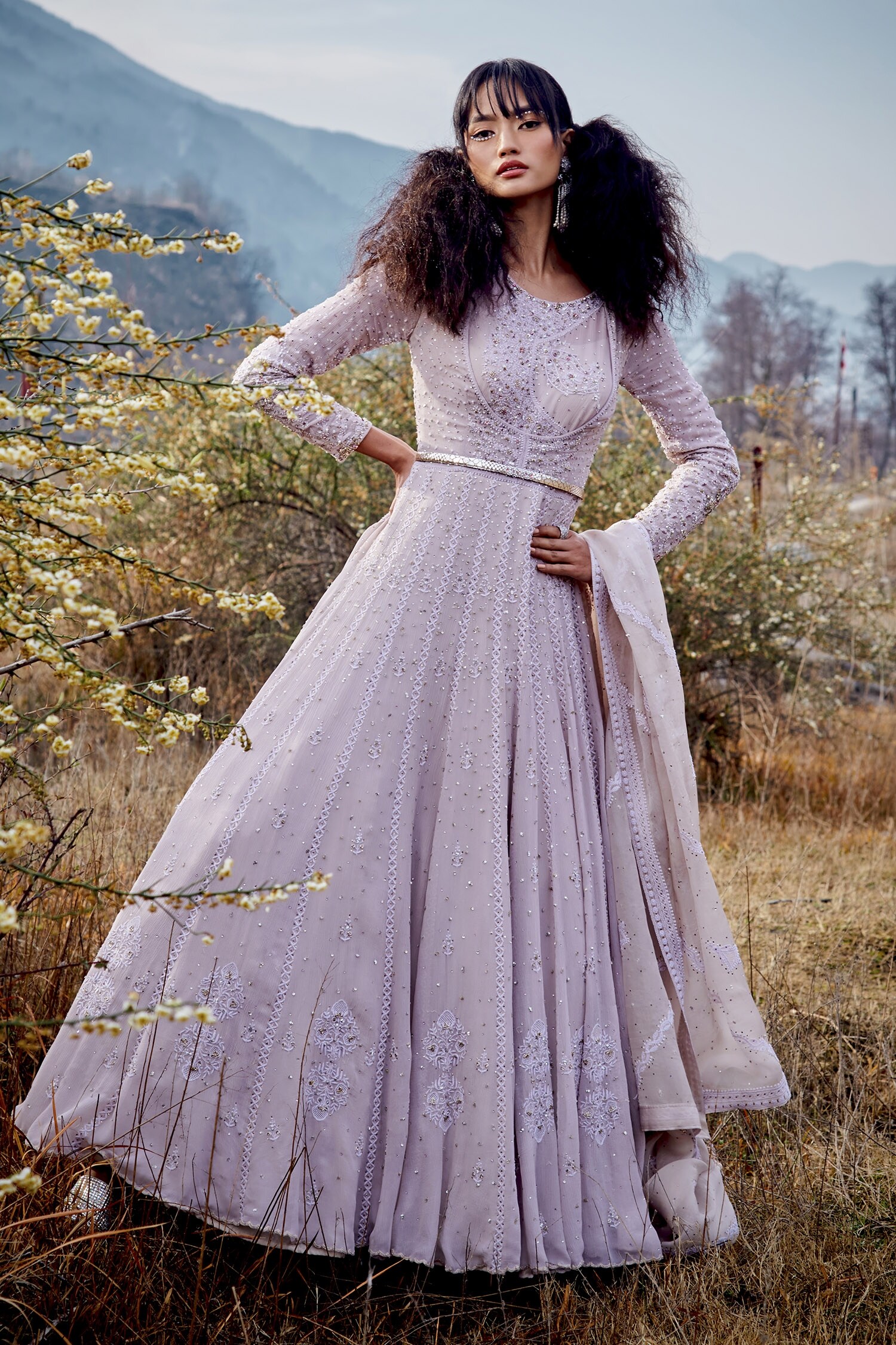 Buy Dolly J Ivory Chiffon Emery Chikankari Anarkali Set Online Aza