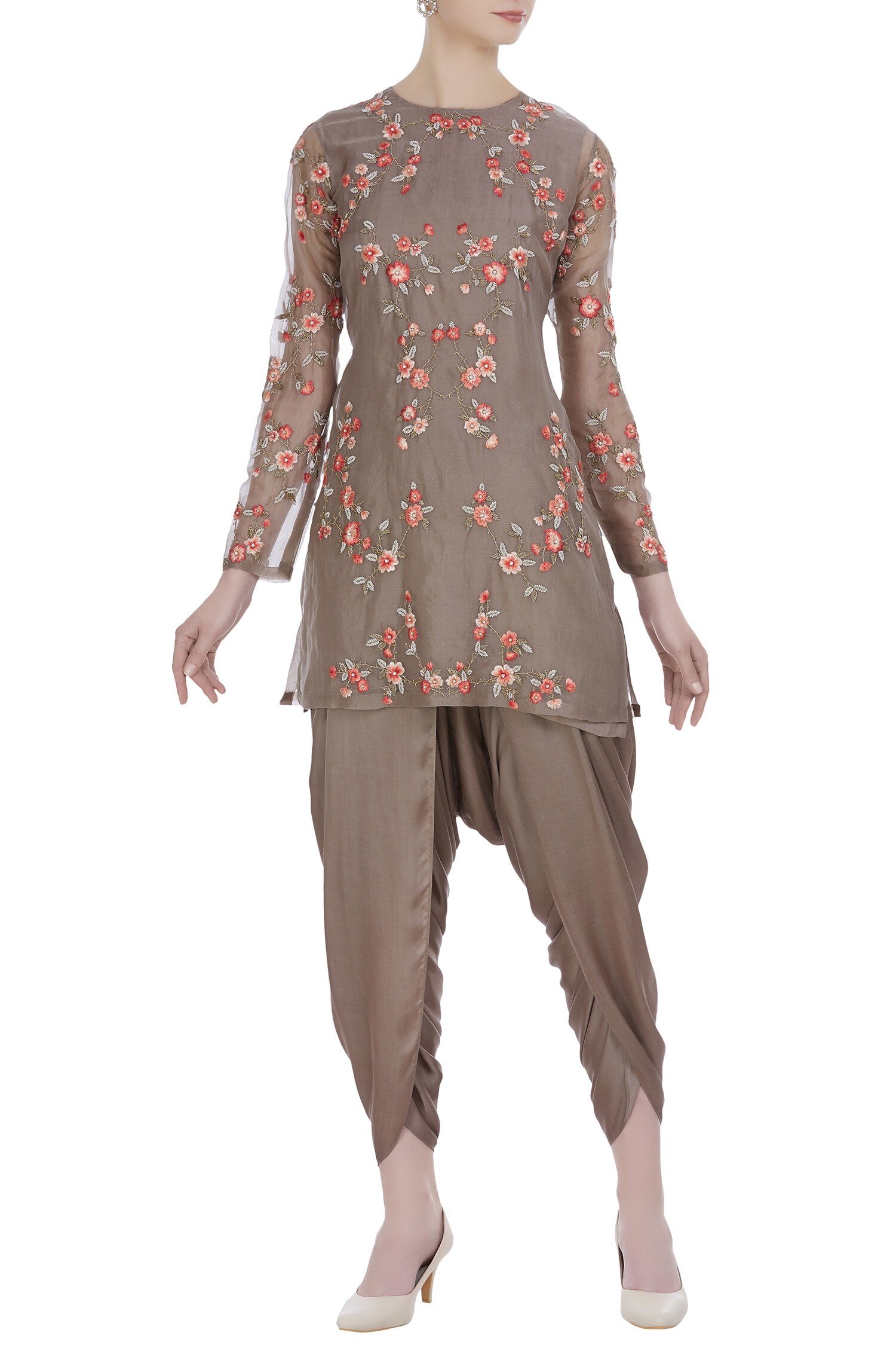 Incheetape Brown Embroidered Top With Dhoti Pants
