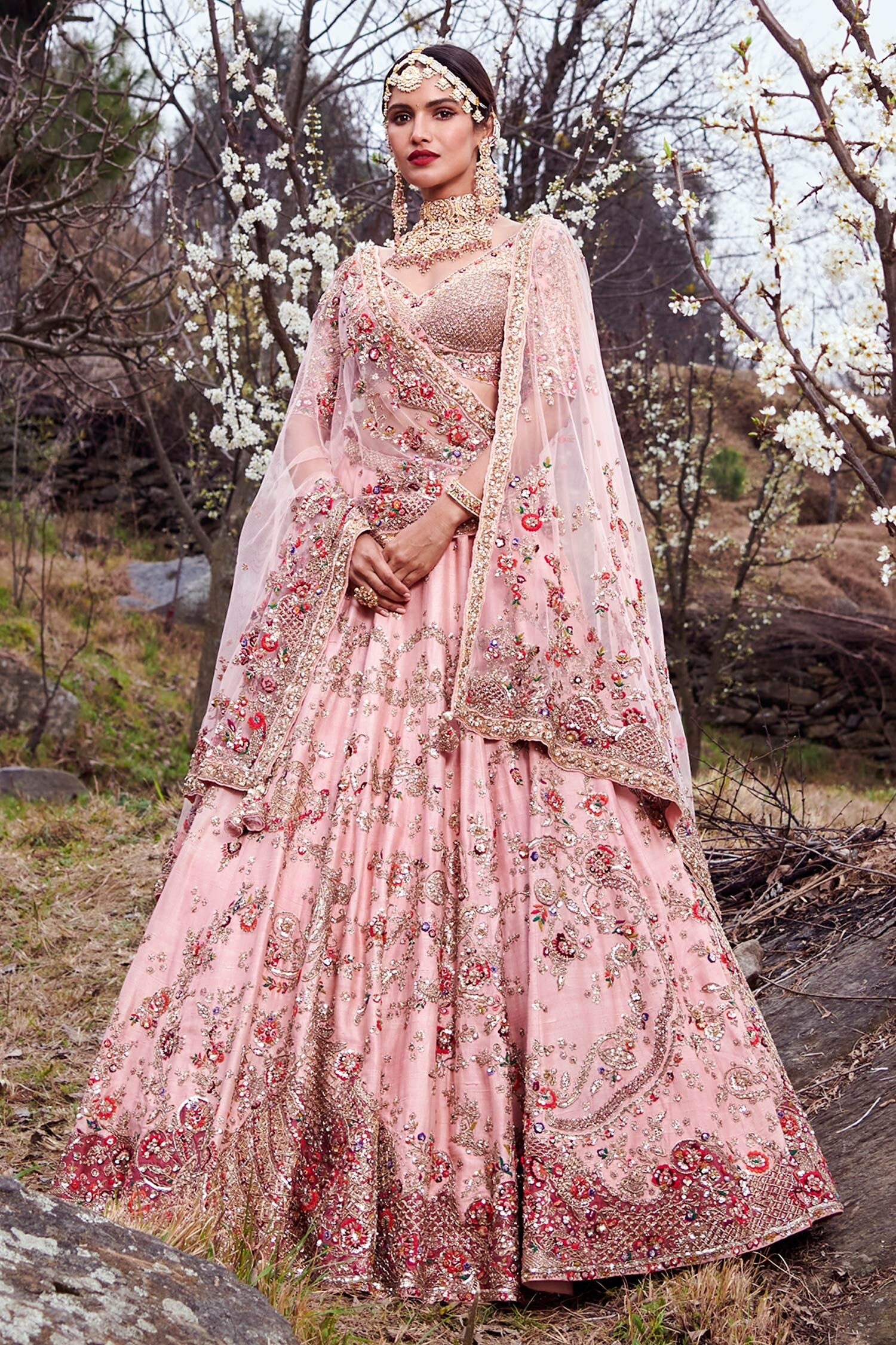 Dolly J Pink Raw Silk Yuri Floral Embroidered Lehenga Set