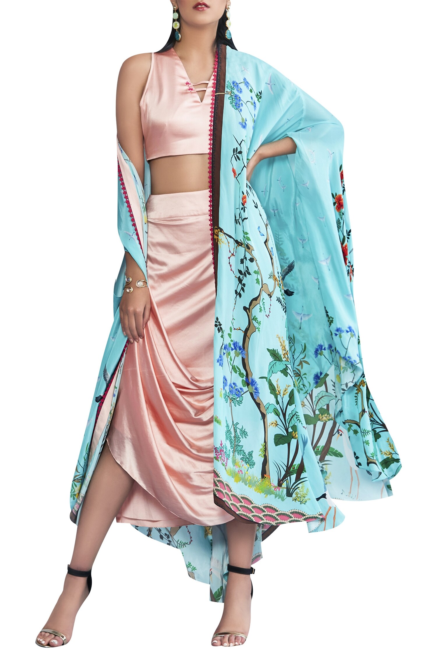 Limerick by Abirr N' Nanki Blue Satin Blouse And Draped Skirt Set