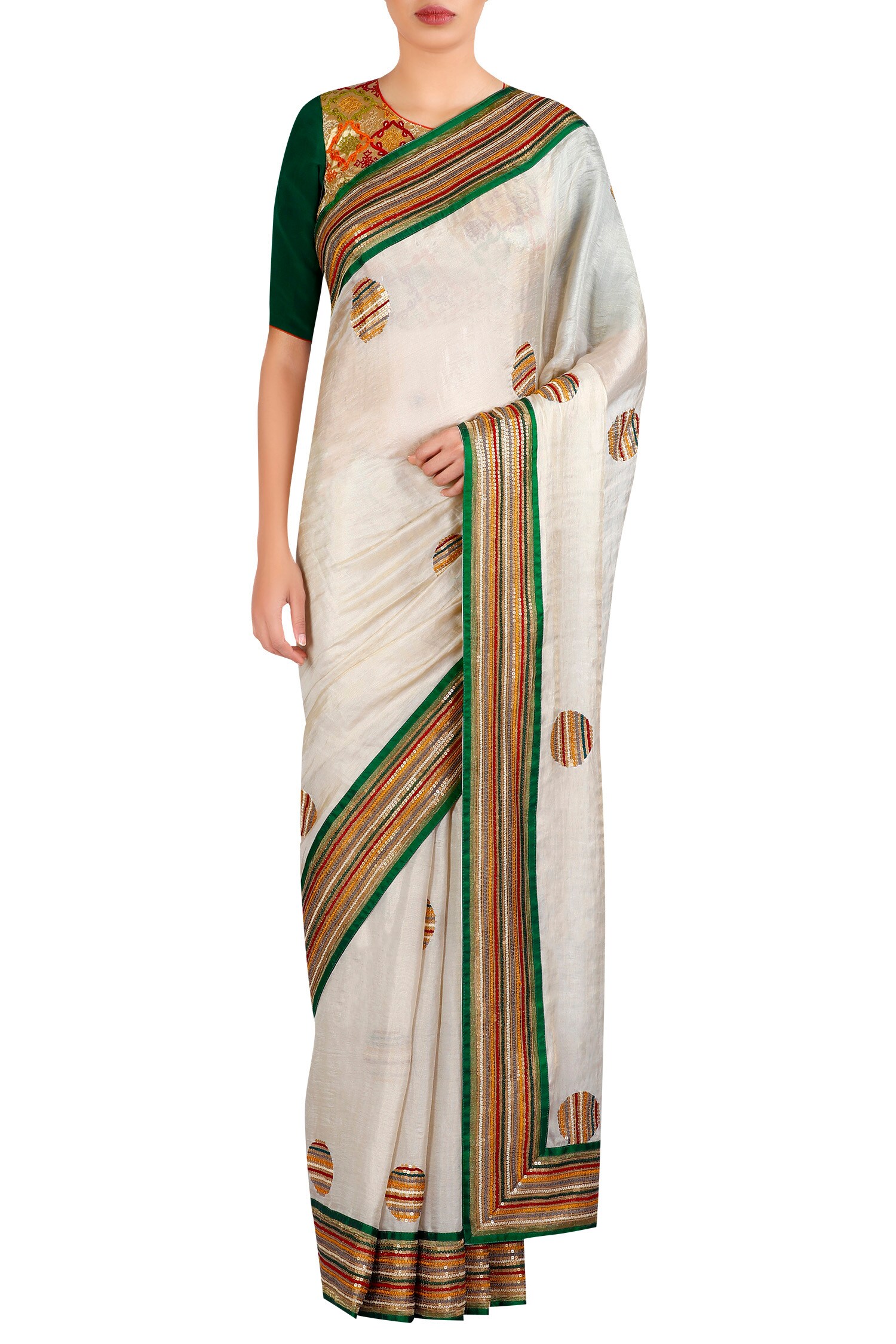 Latha Puttanna Green Threadwork Embroidered Saree With Blouse