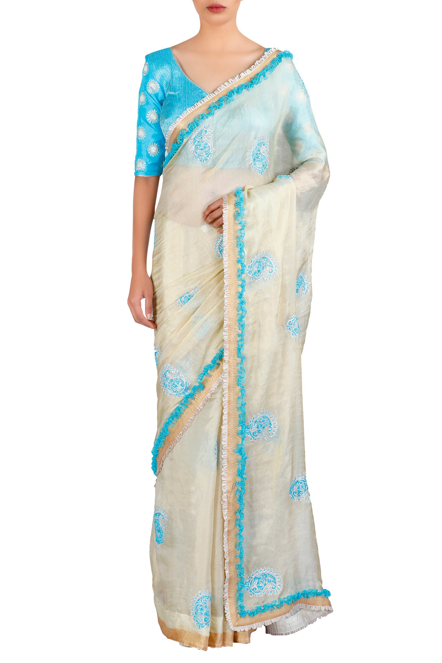 Latha Puttanna Blue Thread Work Paisley Embroidered And Frilled Border Saree With Blouse