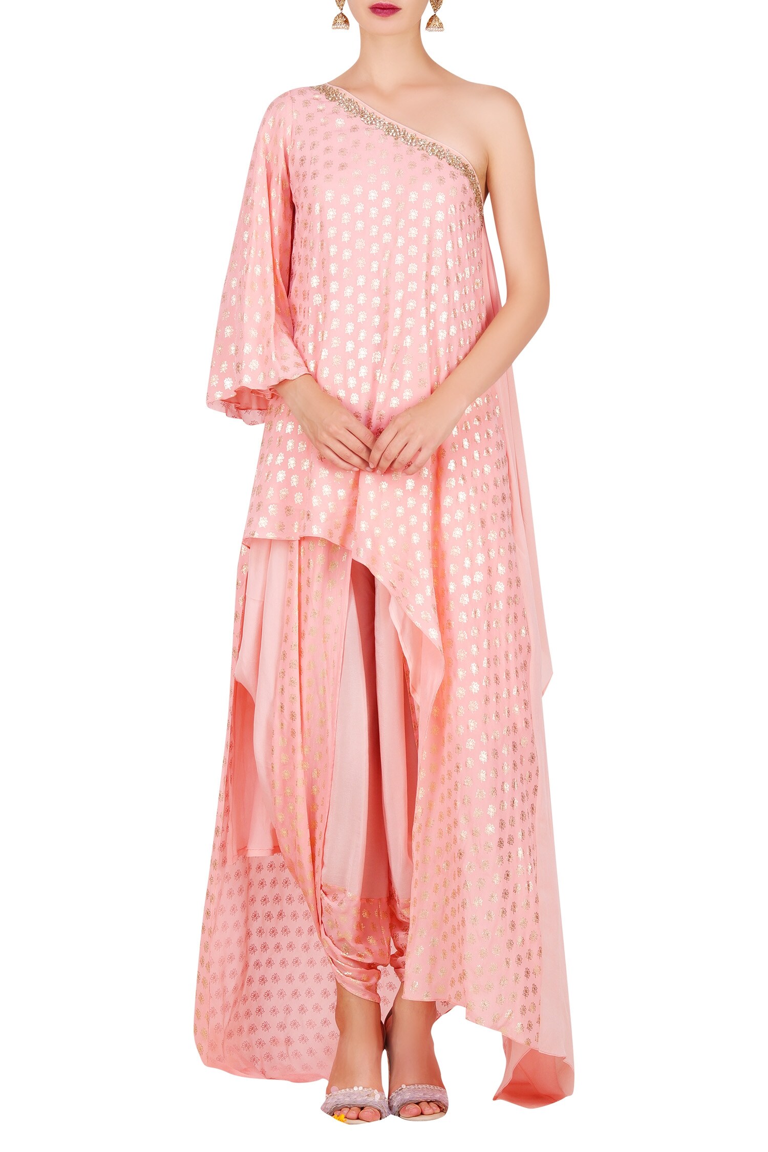 Nikasha Pink Crepe Printed One Shoulder Tunic And Dhoti Pant Set