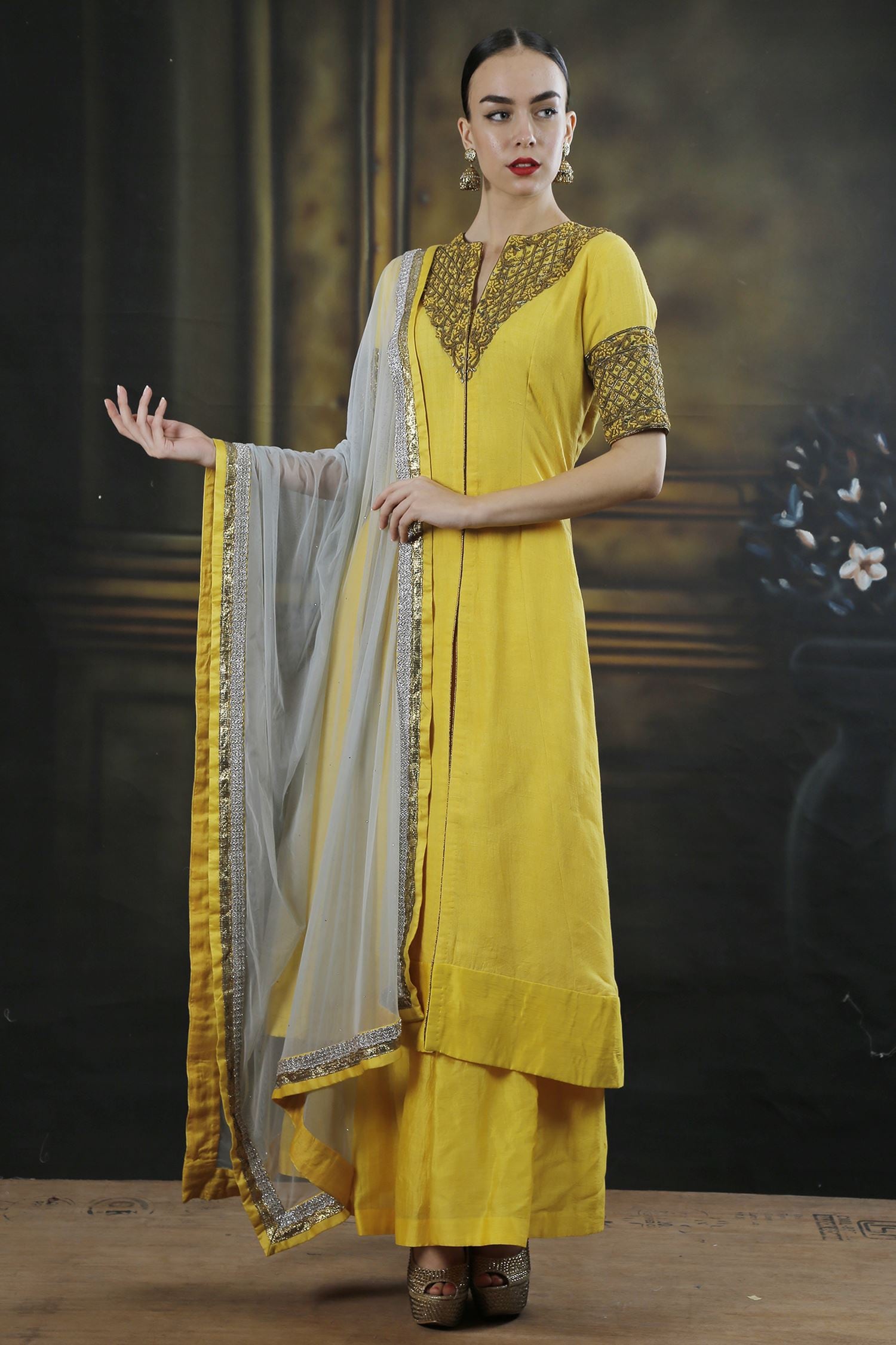 Neha Khullar Yellow And Grey Embroidered Kurta Set