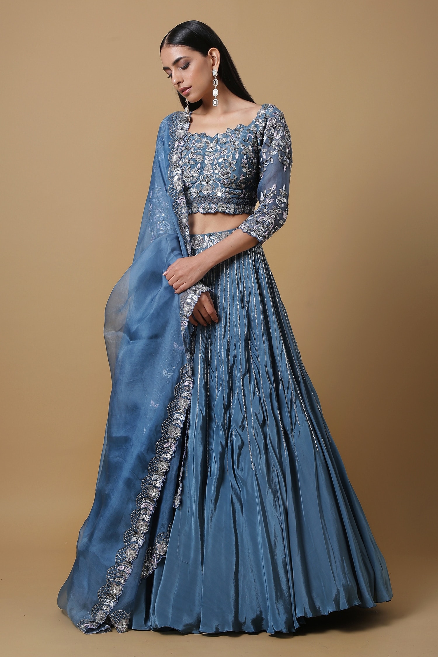 Buy Niamh By Kriti Blue Organza Sequin Embroidered Lehenga Set Online ...