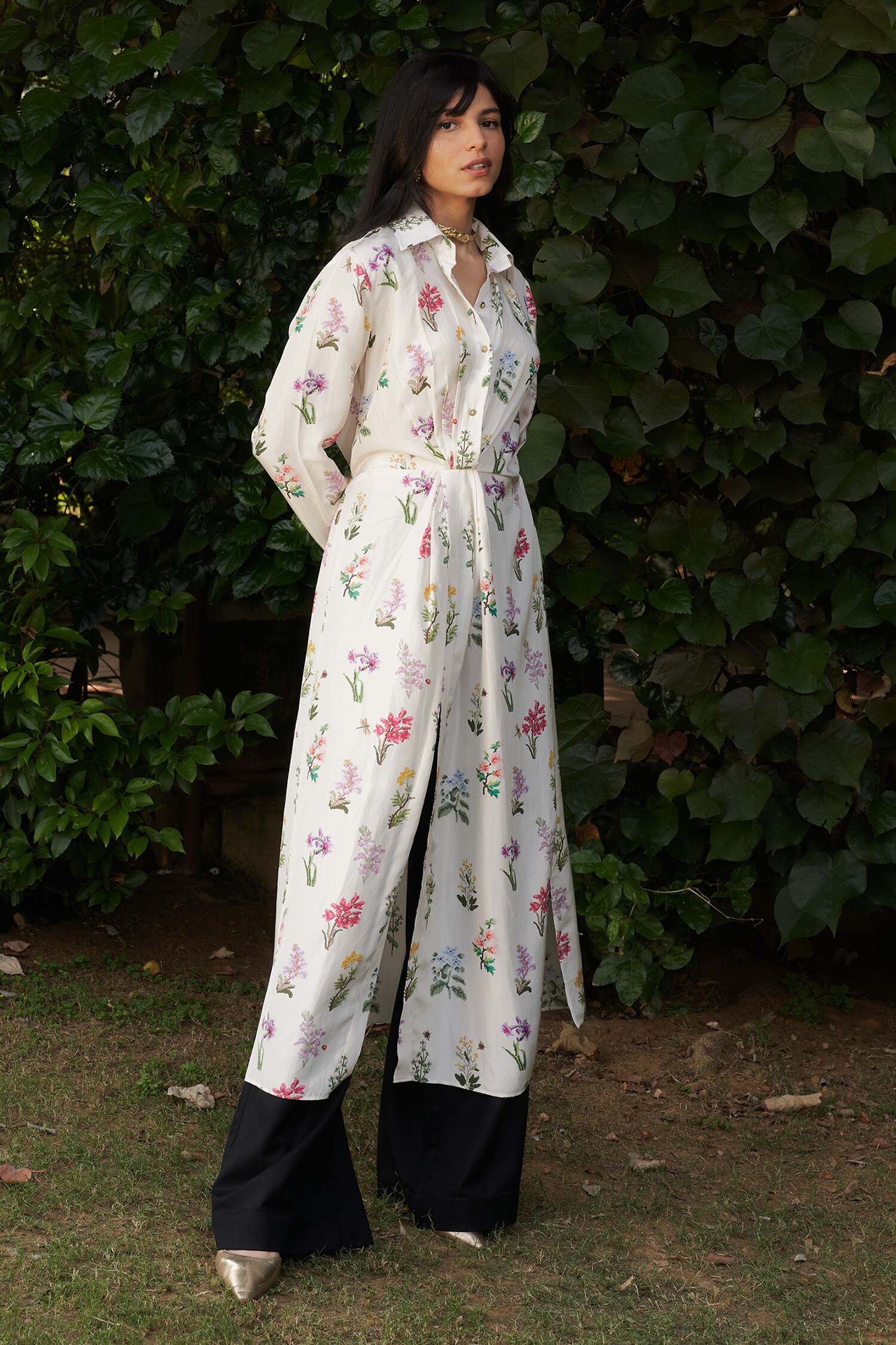 Ode To Odd Multi Color Habutai Silk Floral Print Draped Shirt Dress