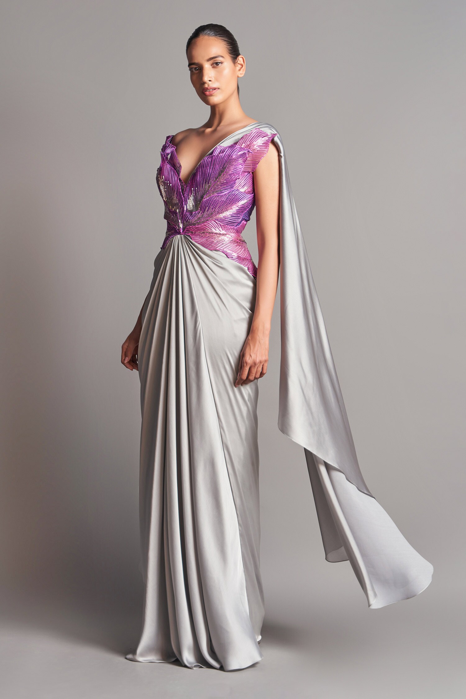 Amit Aggarwal Grey Metallic 3d Pre-stitched Saree Gown