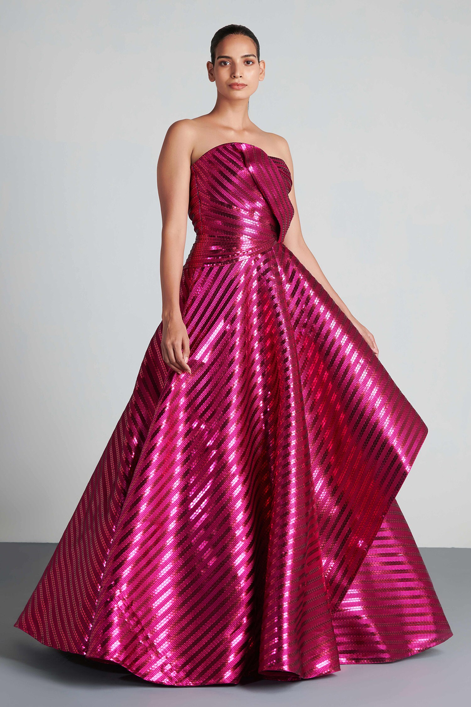 Amit Aggarwal Pink Mesh Draped Bandeau Gown