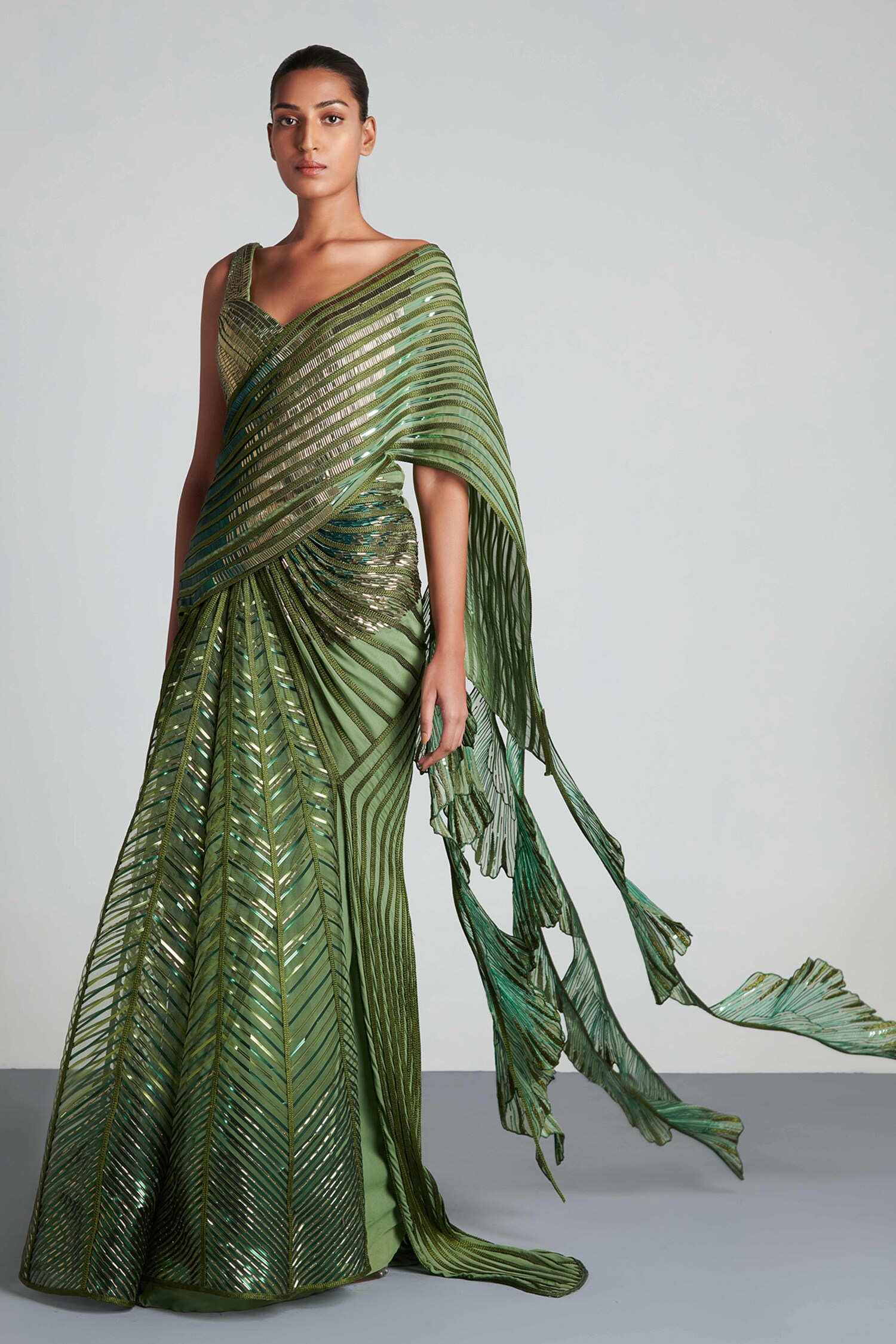 Amit Aggarwal Green Georgette Metallic Pre-draped Saree With Blouse