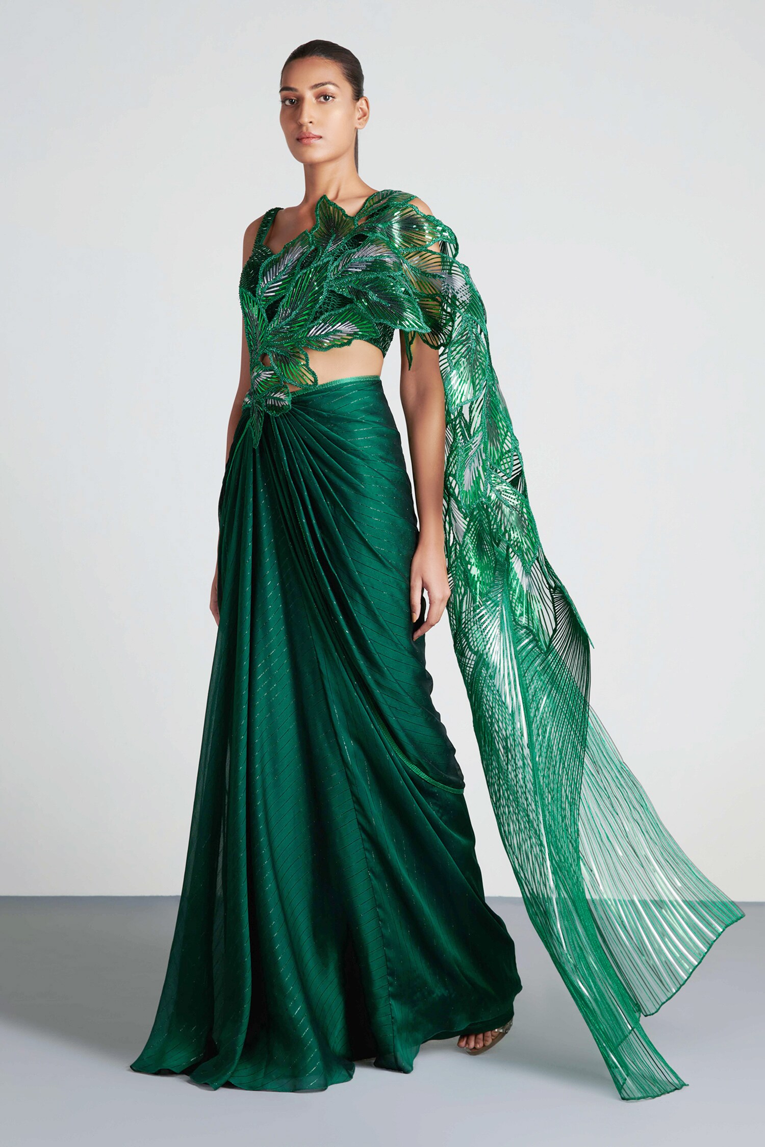 Amit Aggarwal Green Chiffon Metallic Pre-draped Saree With Blouse