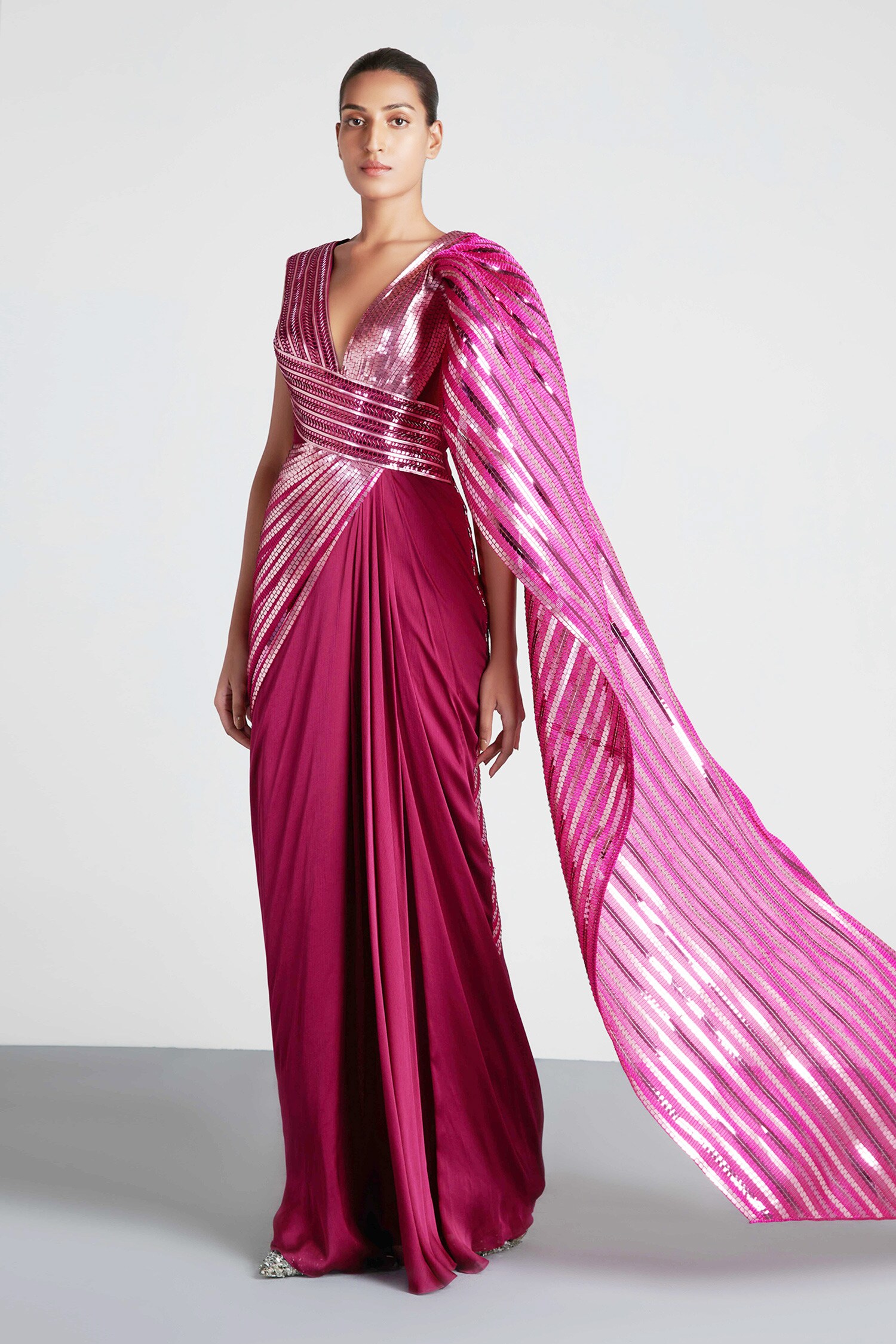 Amit Aggarwal Pink Chiffon Metallic Saree Gown