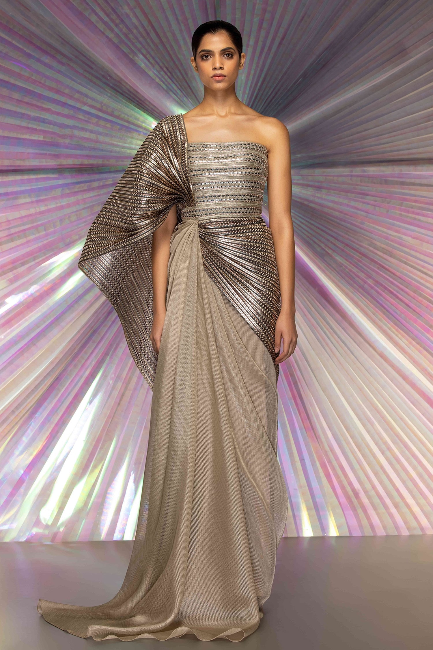 Amit Aggarwal Gold Striped Fabric Metallic Structured Saree Gown