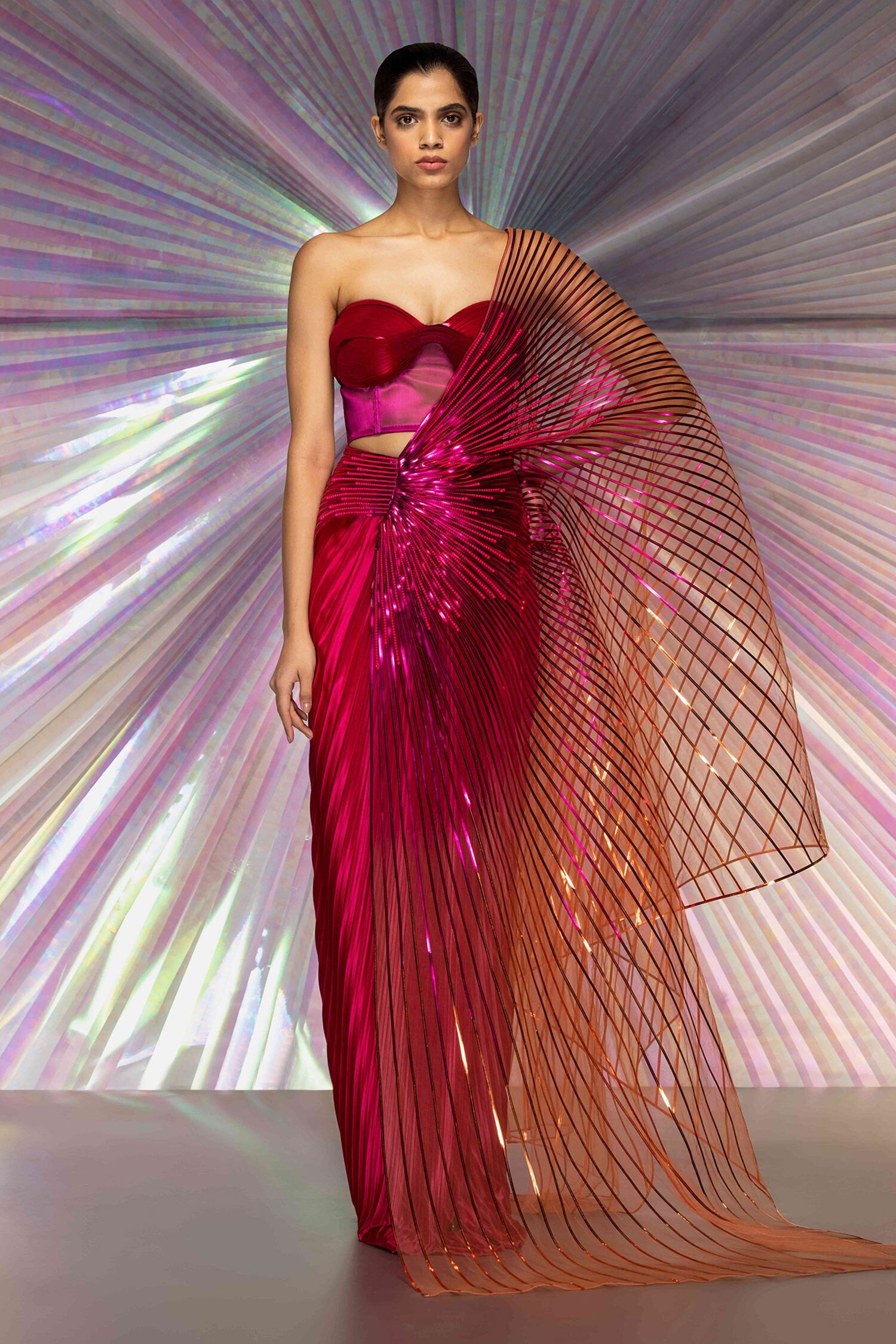 Amit Aggarwal Pink Jersey Metallic Ombre Winged Saree With Corset