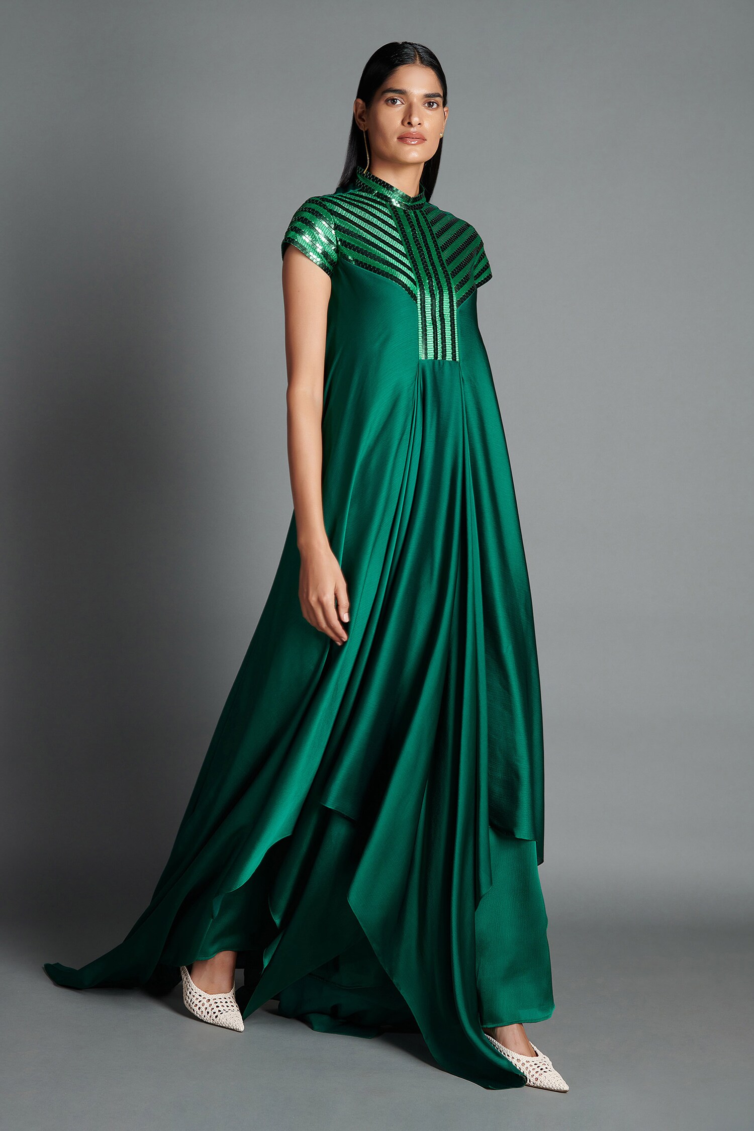 Amit Aggarwal Green Crinkled Chiffon Metallic Draped Dress
