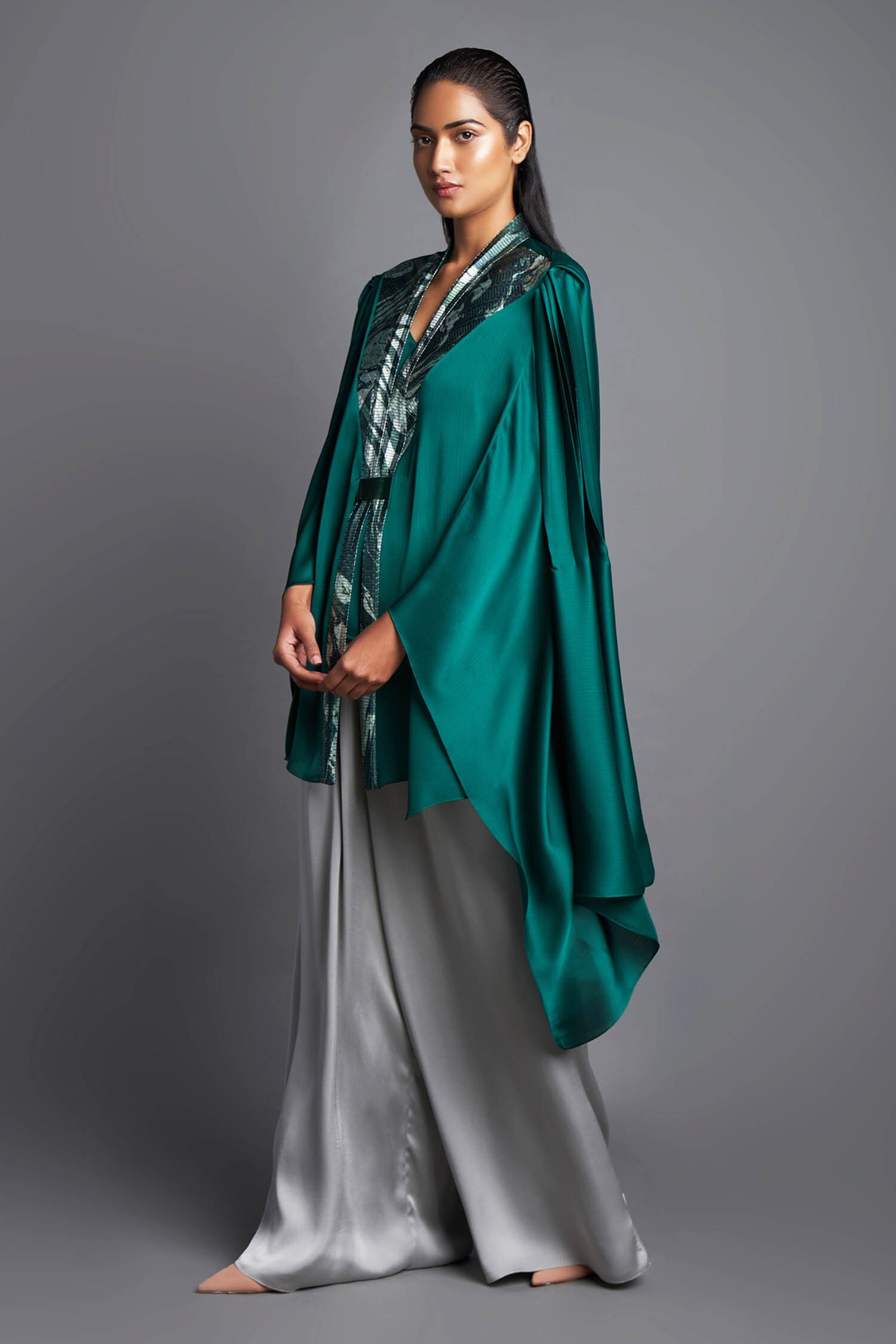 Amit Aggarwal Green Chiffon Handwoven Metallic Panelled Cape