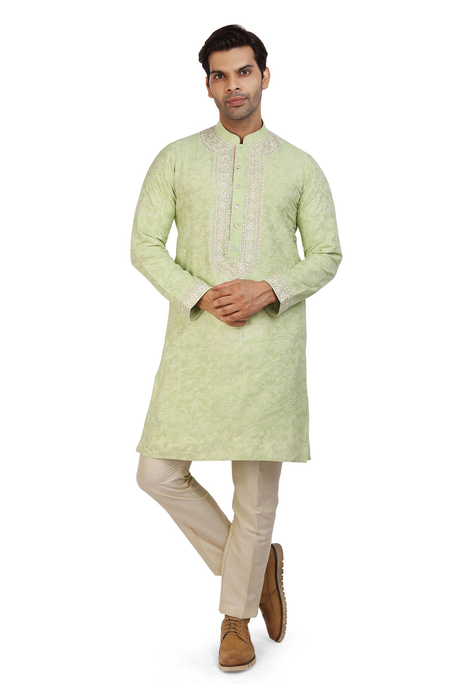Nitesh Singh Chauhan Green Cotton Silk Block Print Kurta Set