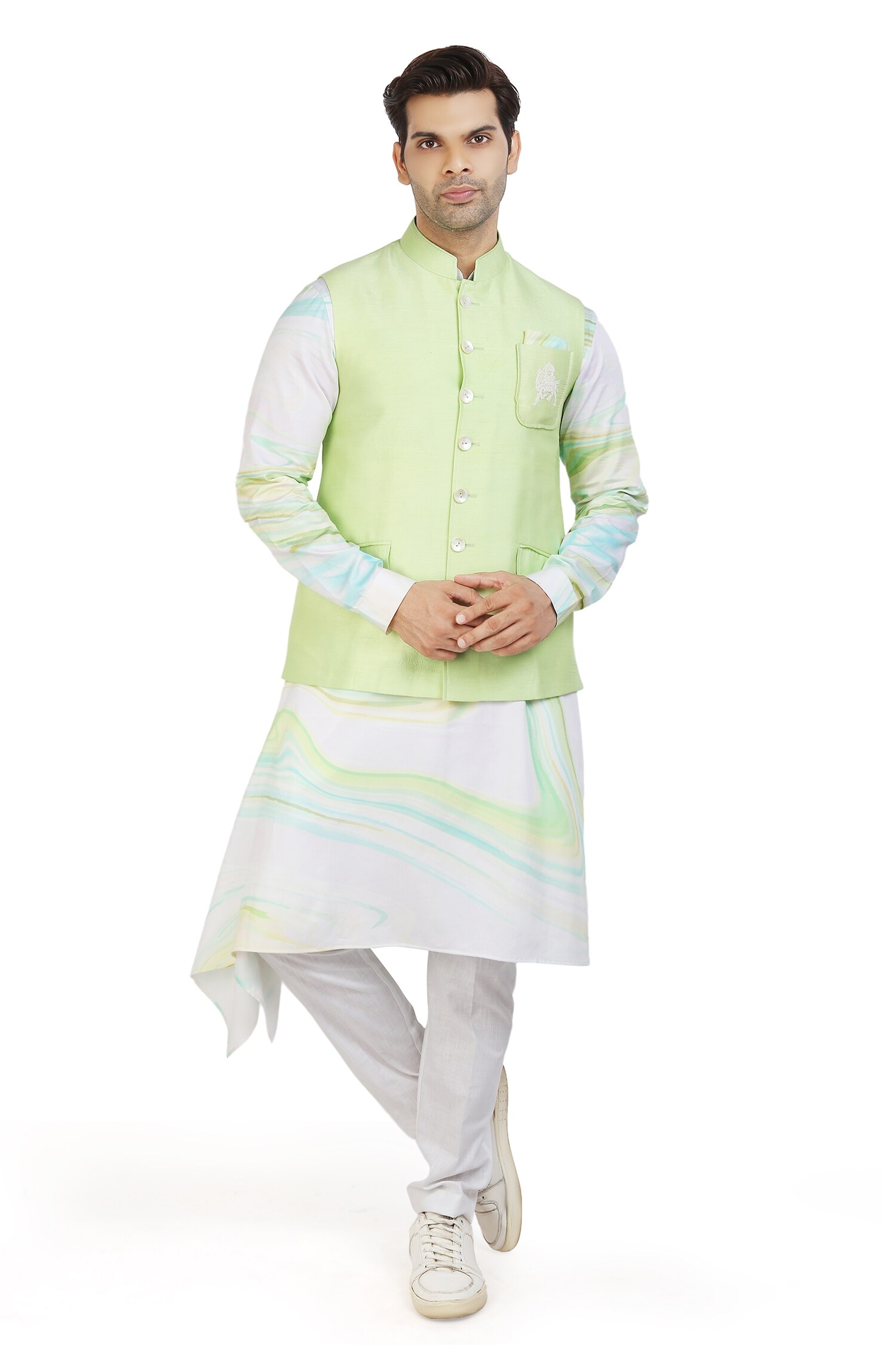 Nitesh Singh Chauhan Green Giza Cotton Bundi With Printed Kurta Set