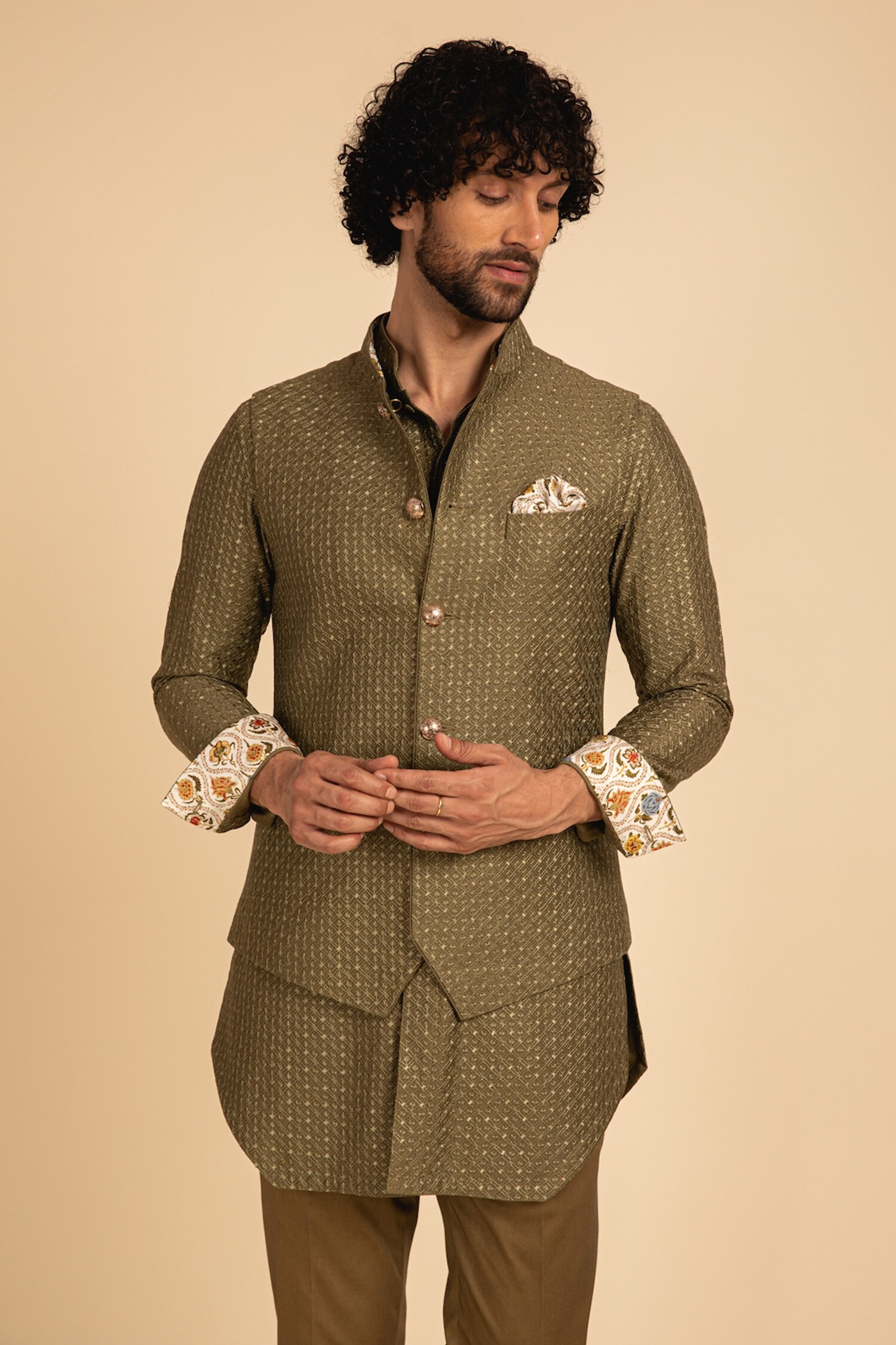 Arjan Dugal Green Chanderi Silk Embroidered Waistcoat
