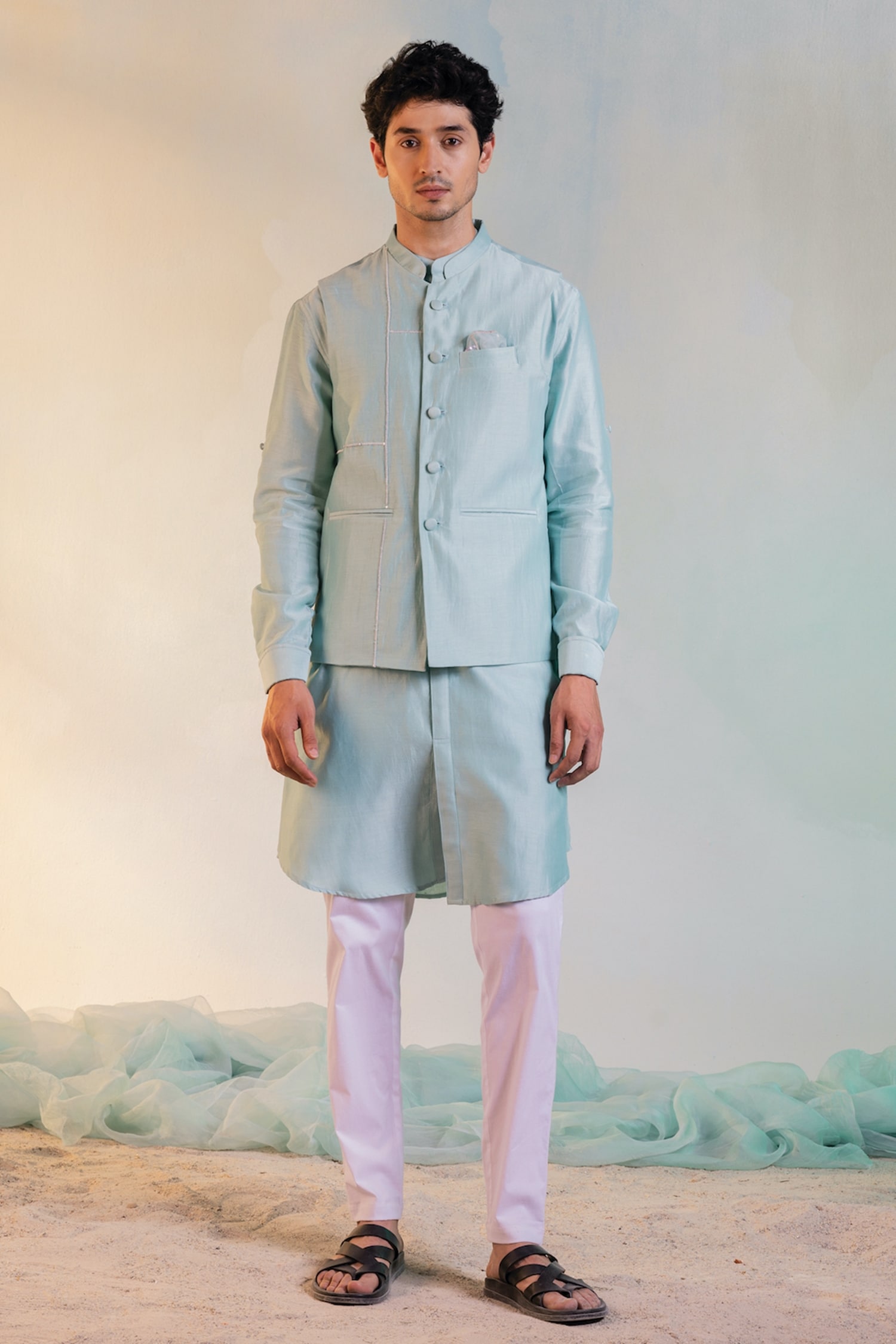 Charkhee Green Chanderi Sequin Striped Nehru Jacket
