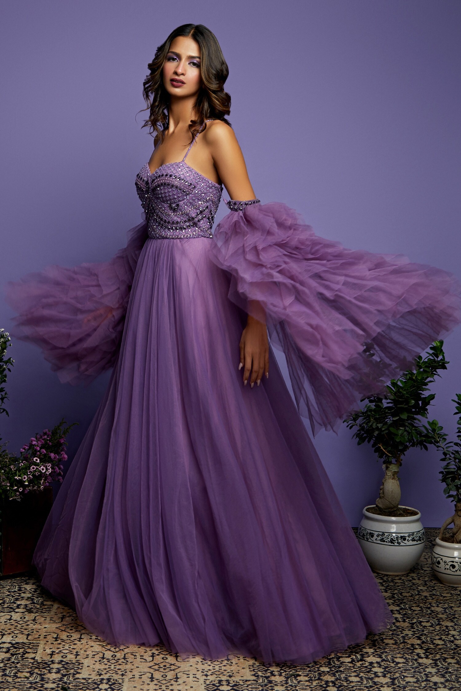 Asra Purple Net Embroidered CorSet off Shoulder Gown