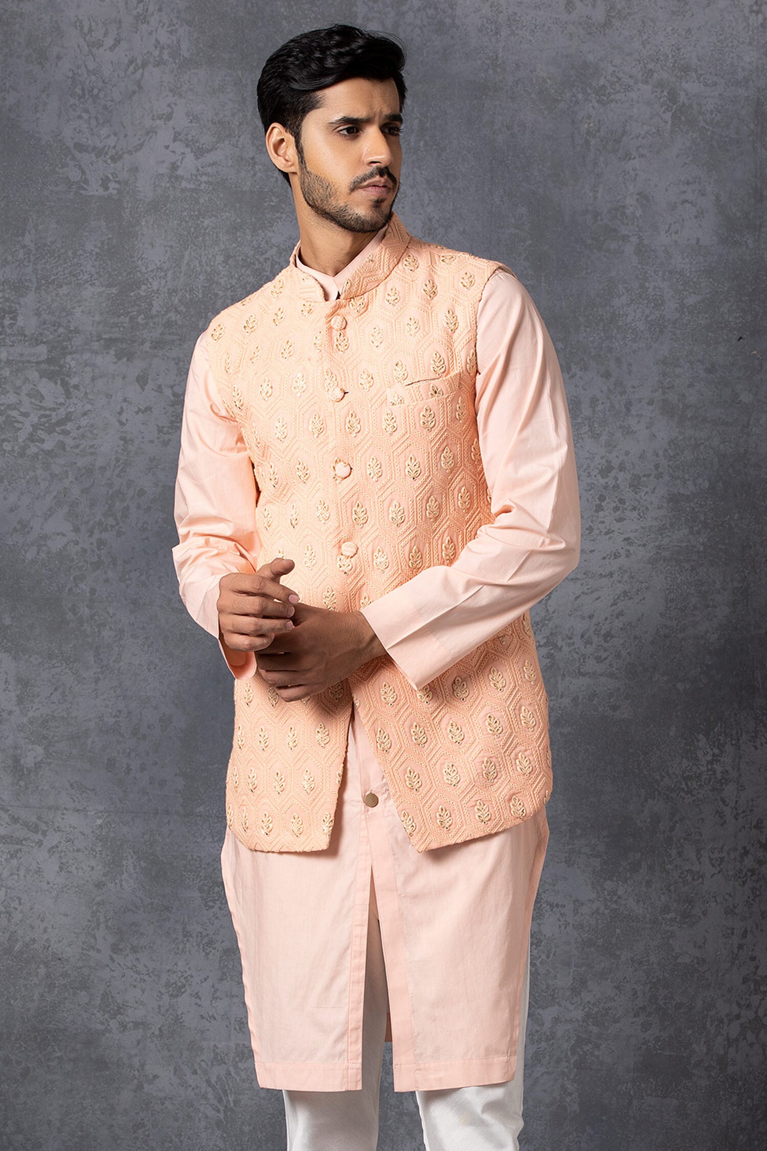 Ankit V Kapoor Peach Pure Georgette Lucknowi Embroidered Nehru Jacket