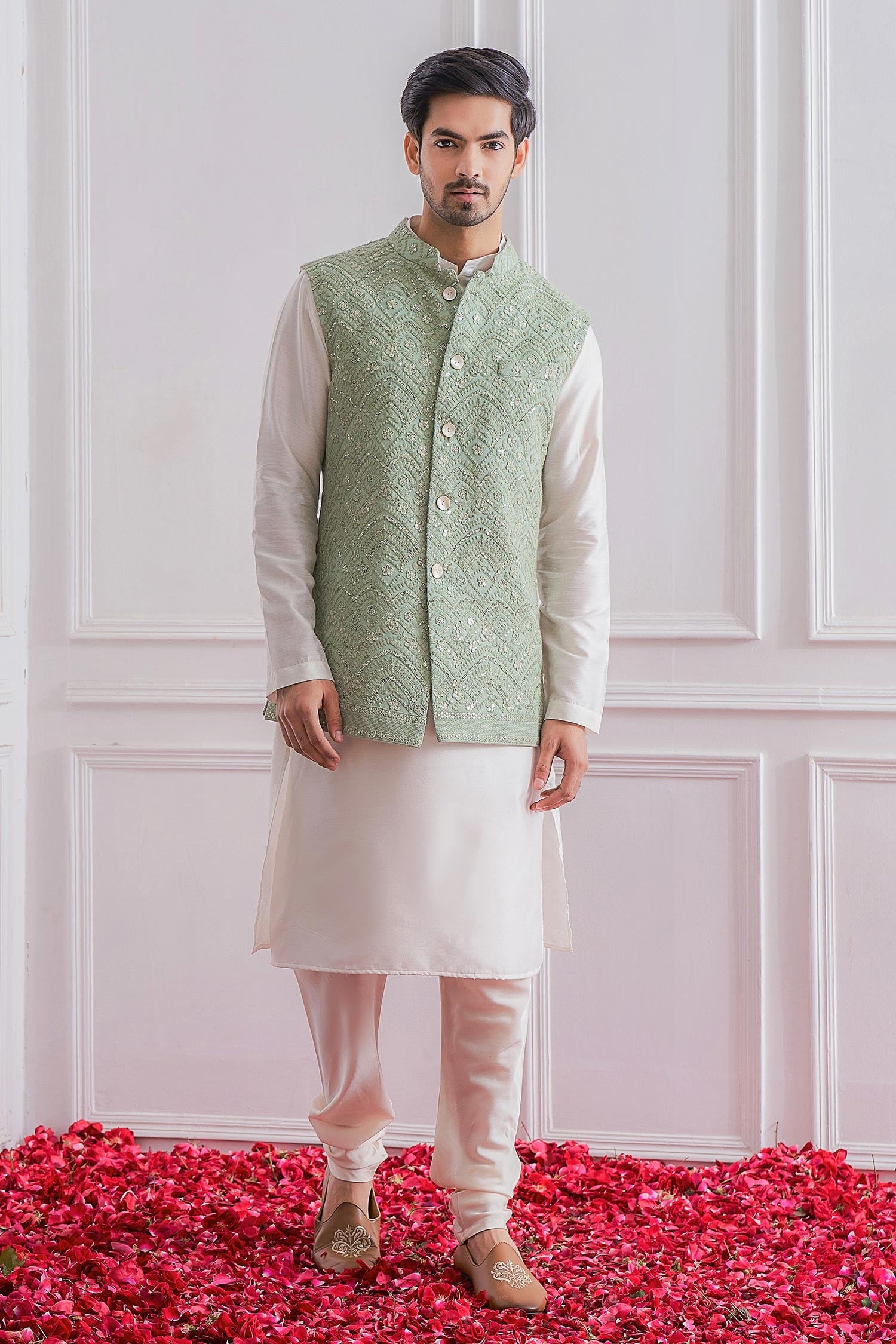 Ankit V Kapoor Green Pure Georgette Lucknowi Nehru Jacket