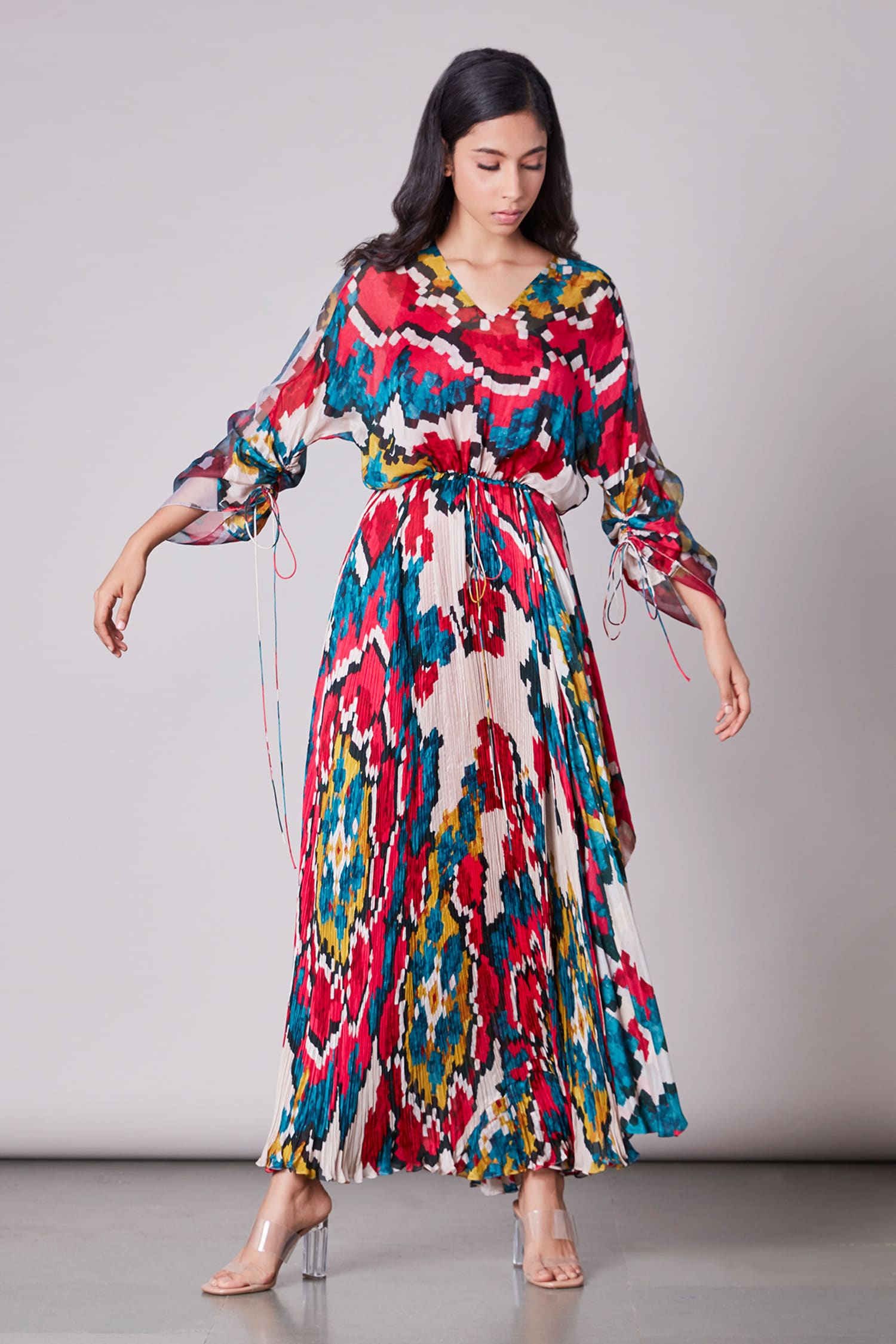 Buy Saaksha & Kinni Multi Color Satin Ikat Print Asymmetric Dress ...