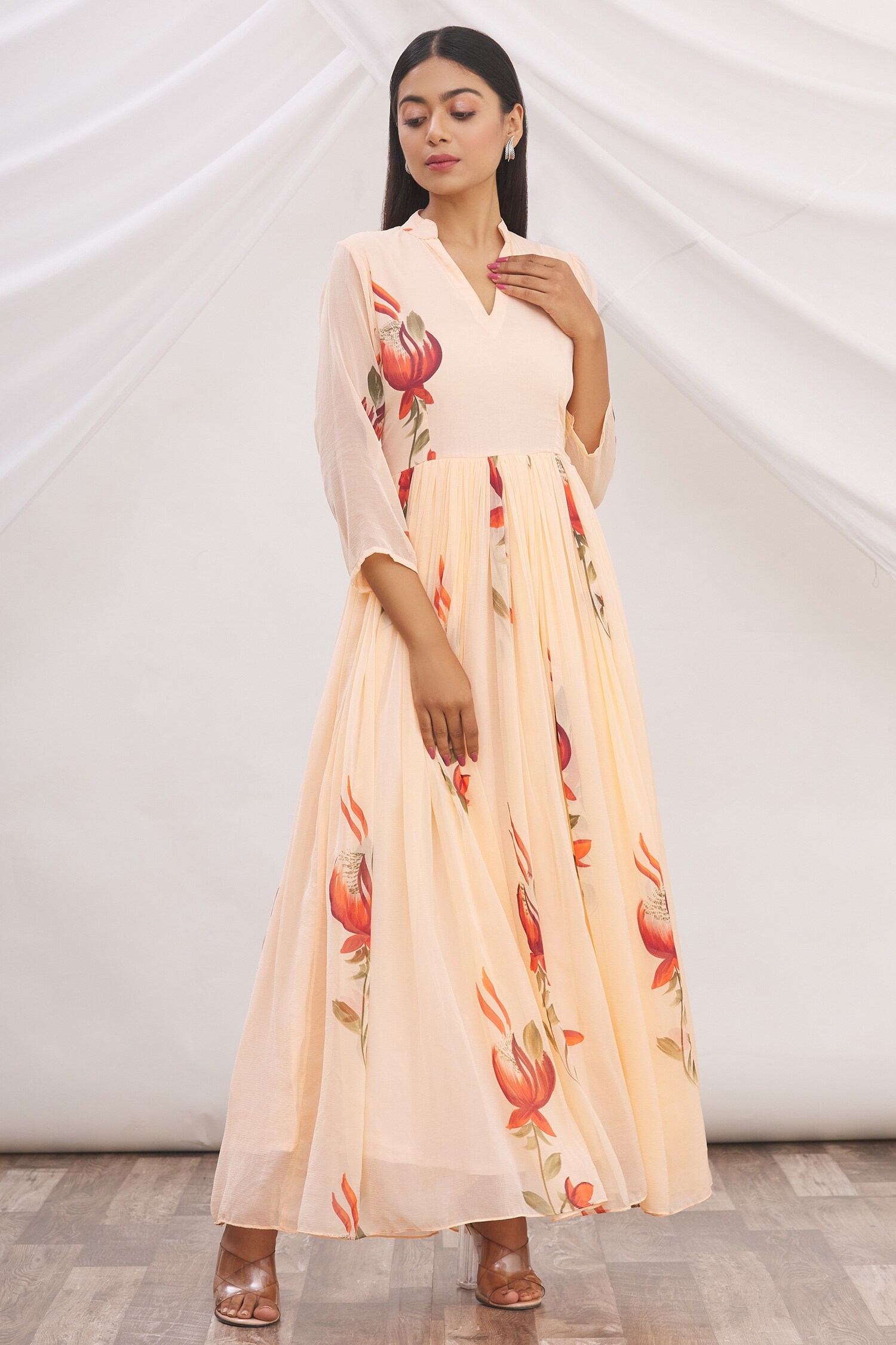 Samyukta Singhania Peach Chiffon Floral Hand Painted Dress