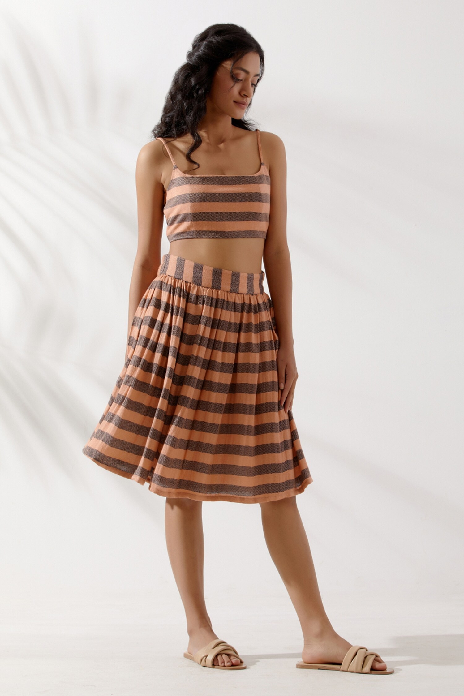 TIC Peach Cotton Jacquard Striped Bralette And Skirt Set