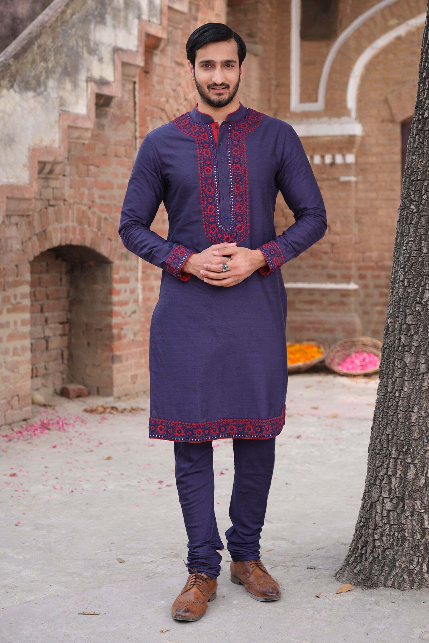 Nitesh Singh Chauhan Blue Cotton Silk Embroidered Kurta And Churidar Set