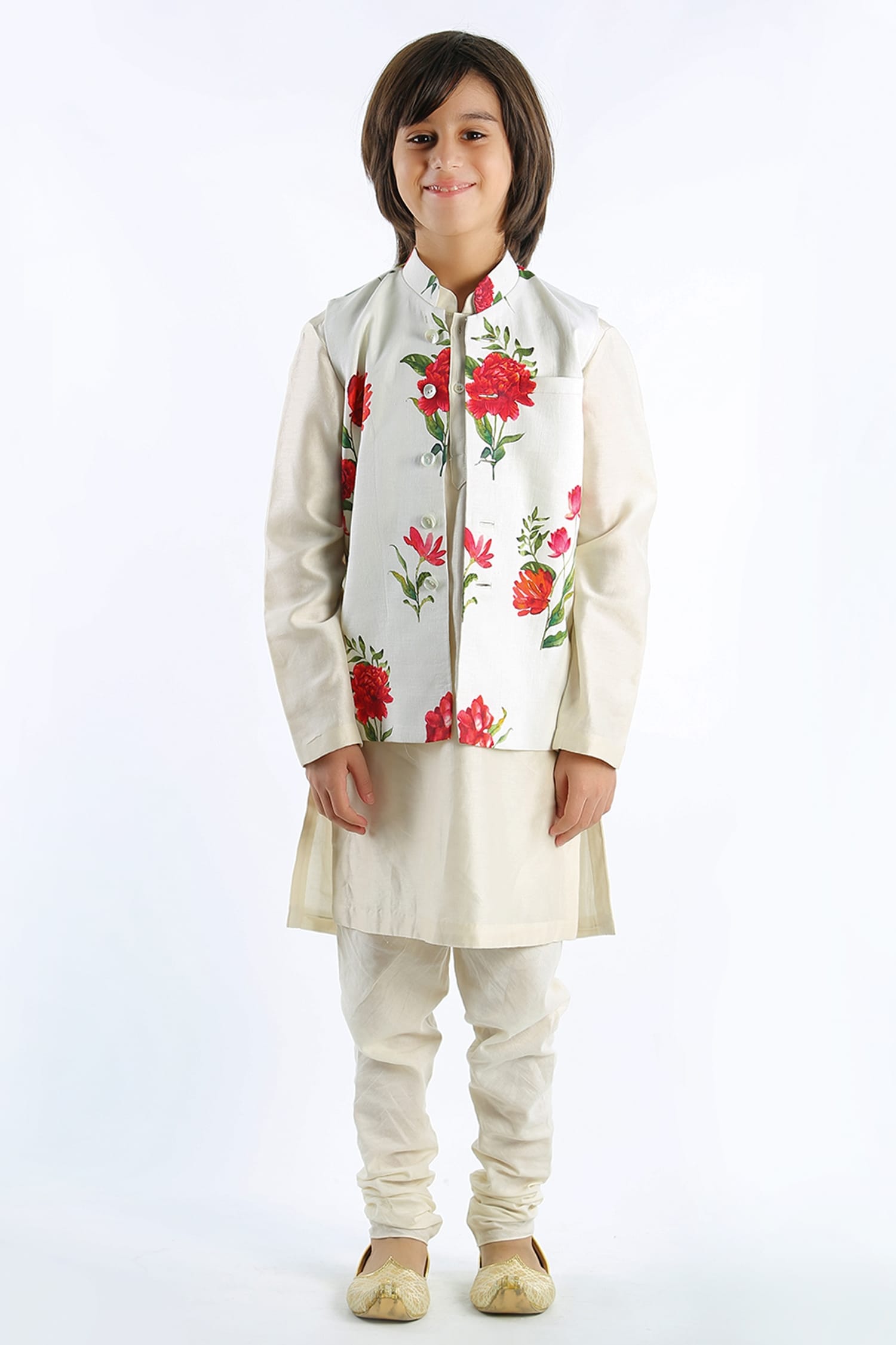 Rohit Bal Ivory Linen Floral Print Bundi For Boys