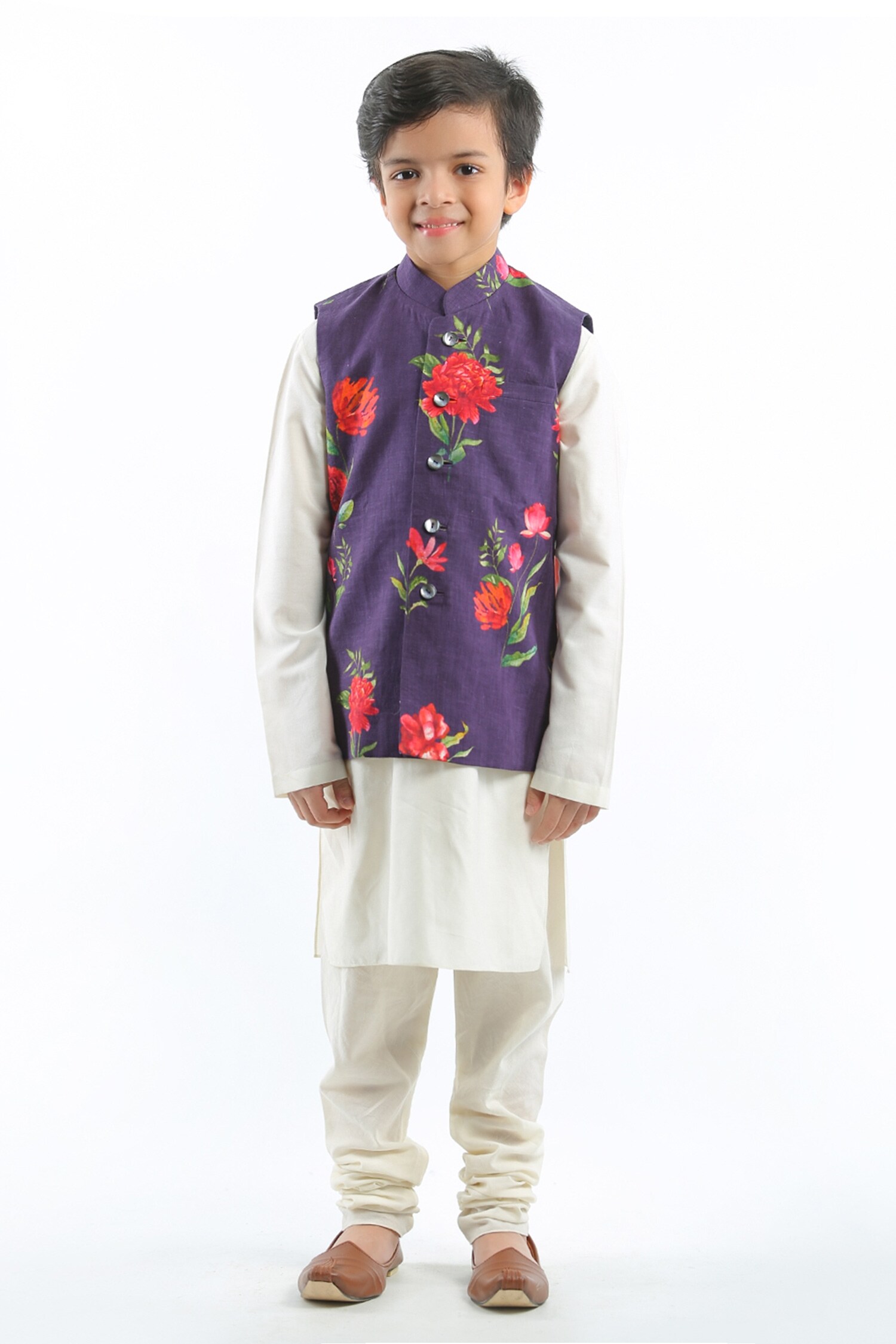 Rohit Bal Blue Linen Floral Print Bundi For Boys