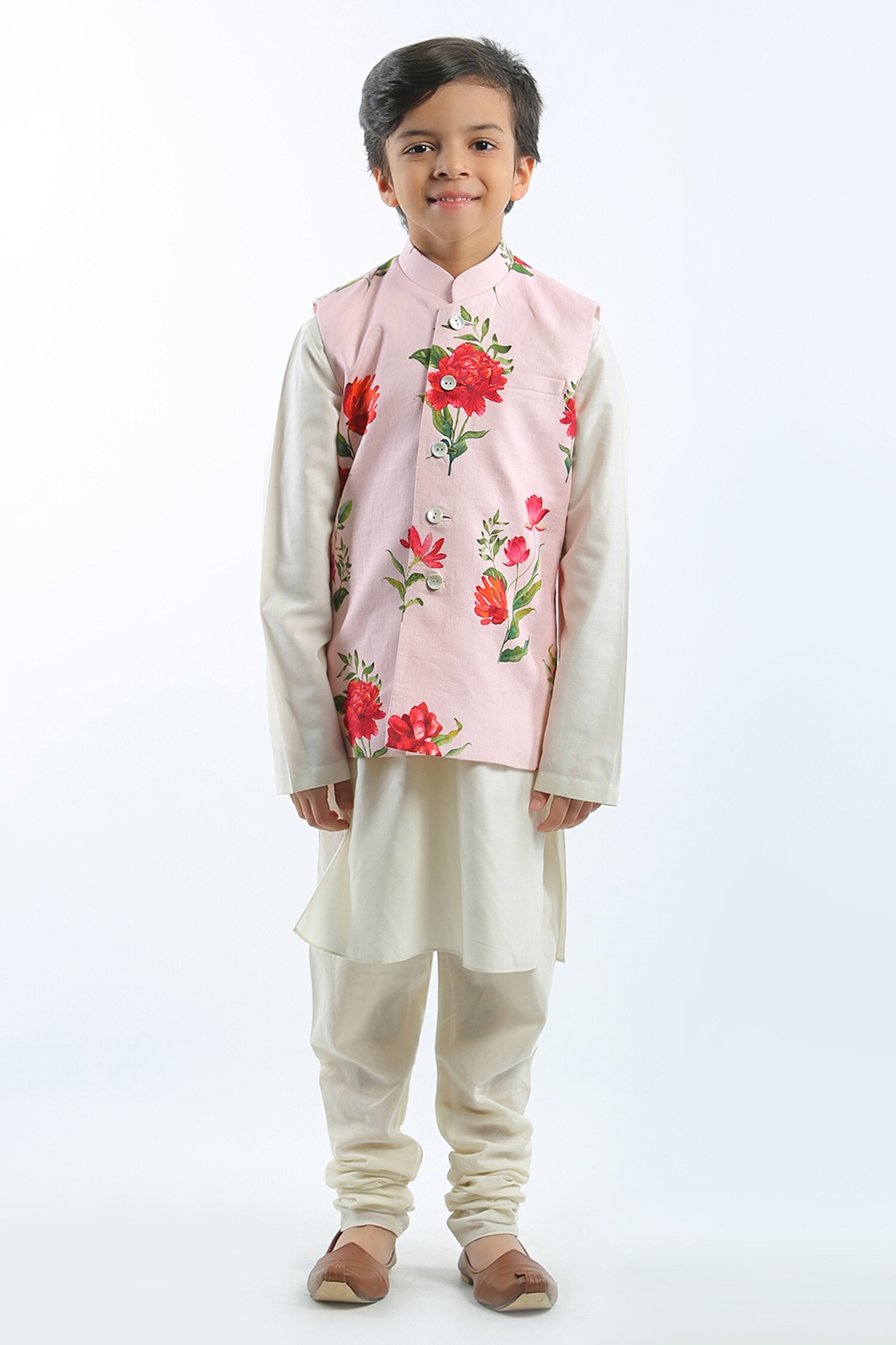 Rohit Bal Pink Linen Floral Print Bundi For Boys