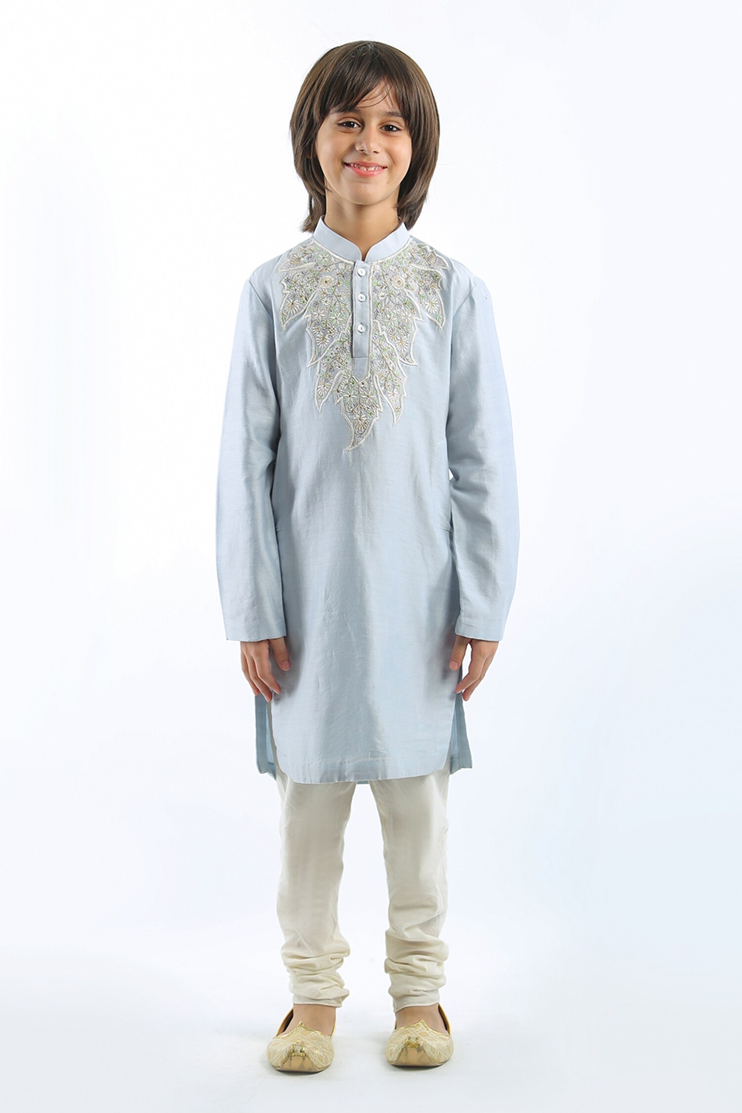 Rohit Bal Blue Linen Floral Embroidered Kurta Set For Boys