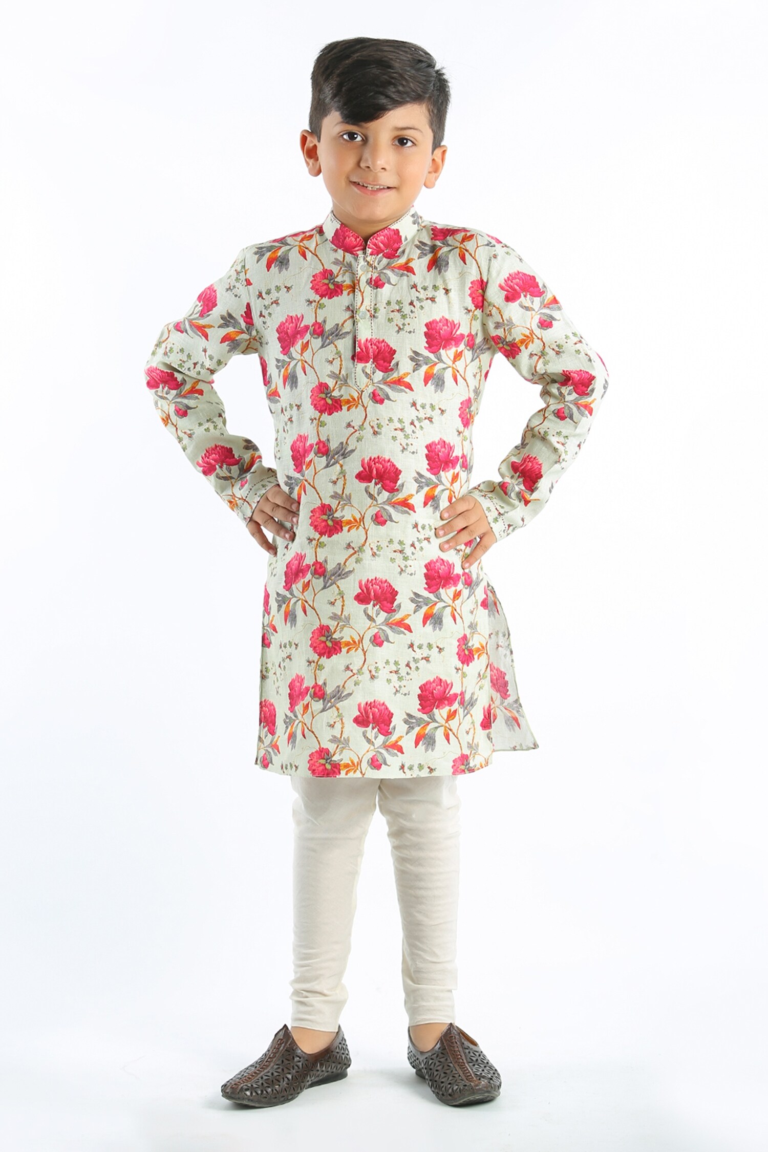 Rohit Bal Ivory Linen Floral Print Kurta Set For Boys