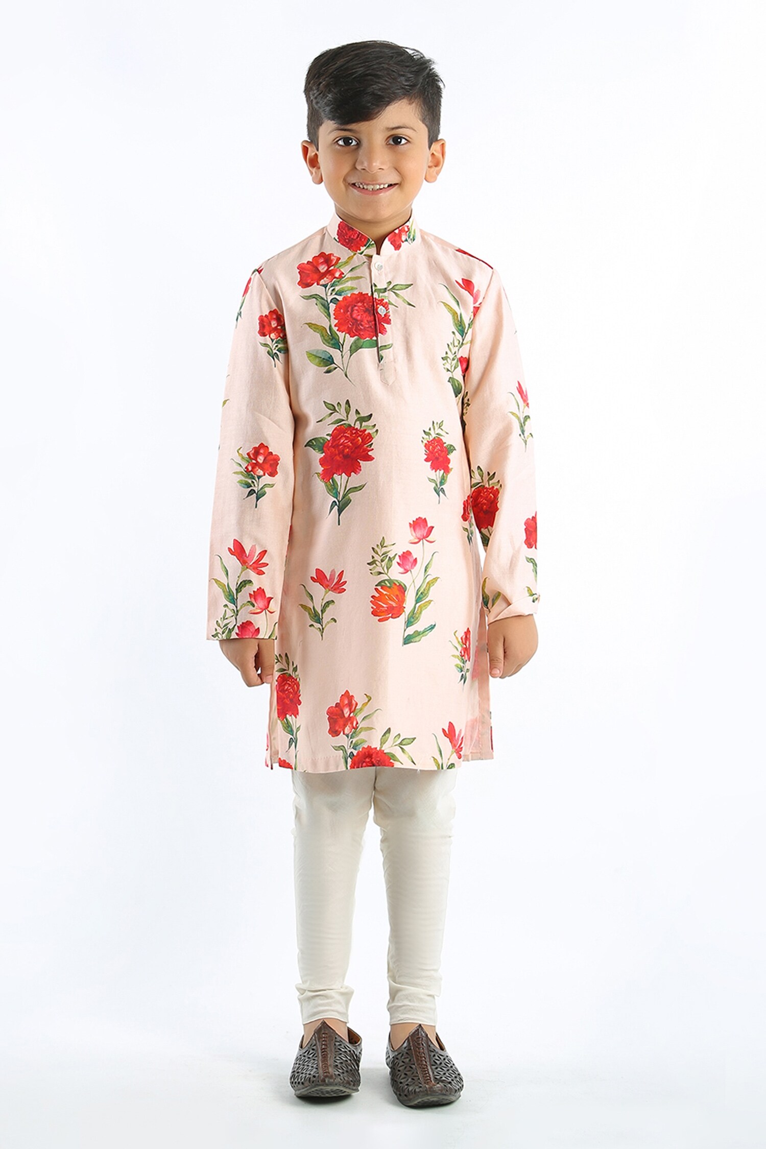 Rohit Bal Pink Linen Floral Print Kurta Set For Boys