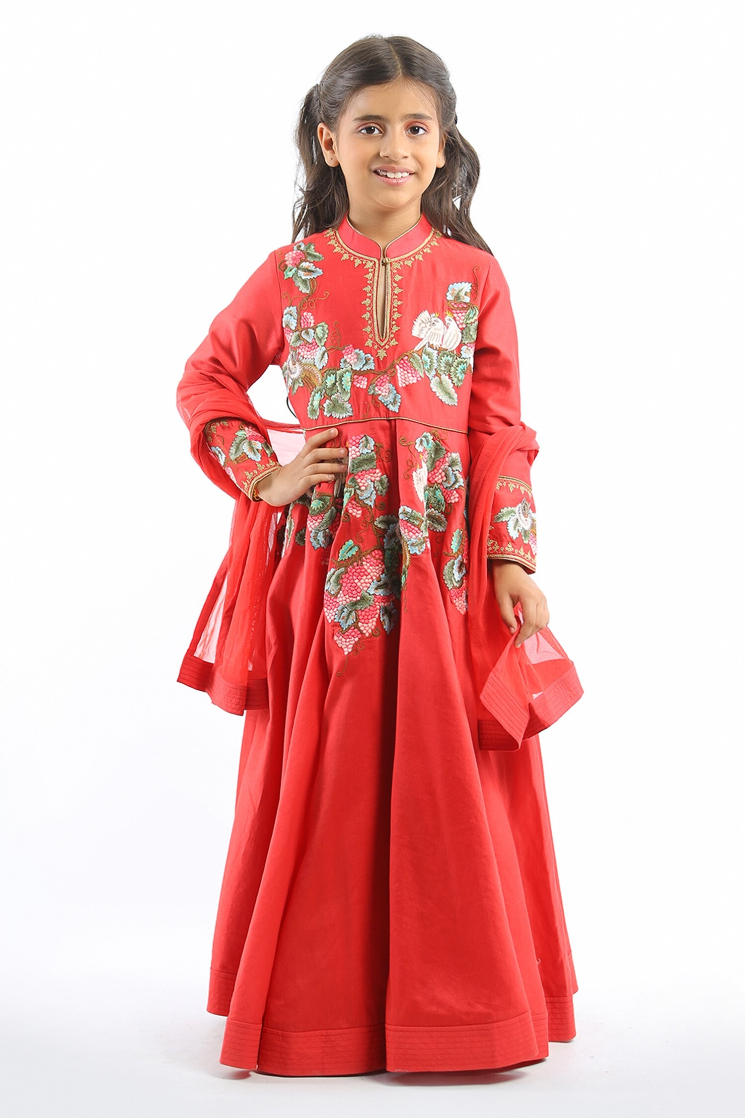 Rohit Bal Red Chanderi Anarkali With Dupatta For Girls