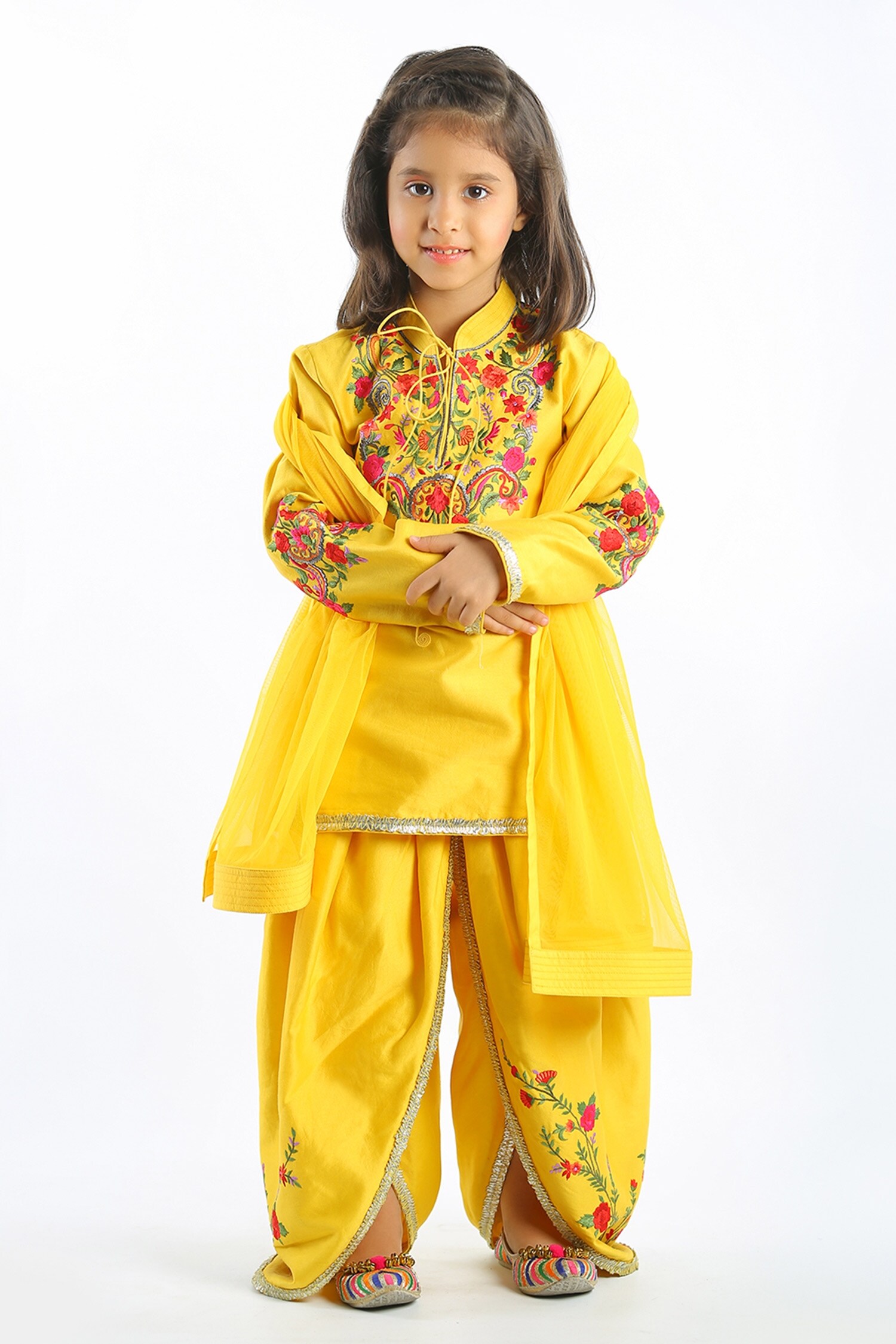 Rohit Bal Yellow Chanderi Embroidered Kurta Set For Girls
