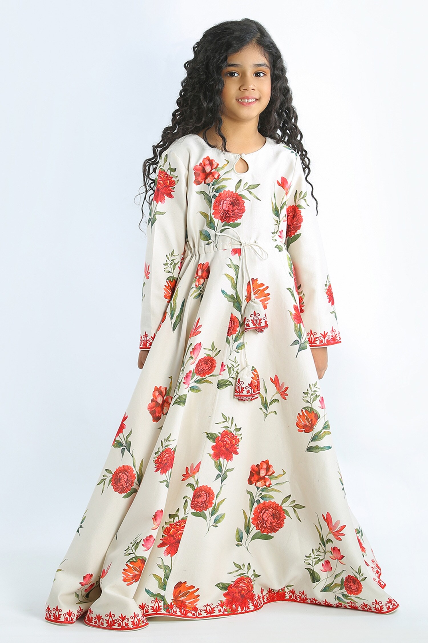 Rohit Bal Ivory Chanderi Floral Print Dress For Girls