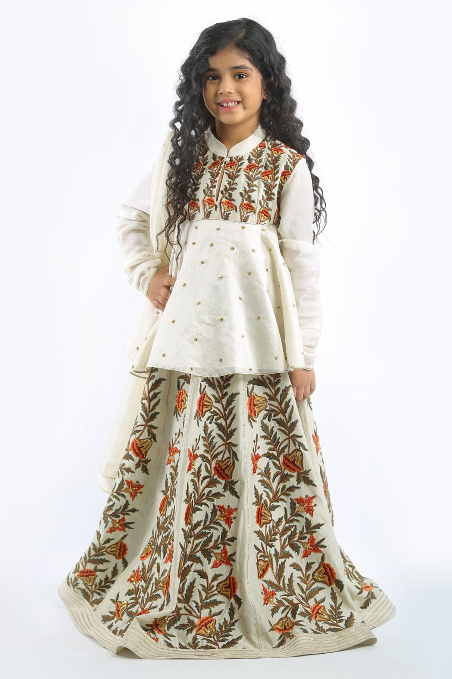 Rohit Bal Ivory Floral Embroidered Lehenga Set For Girls