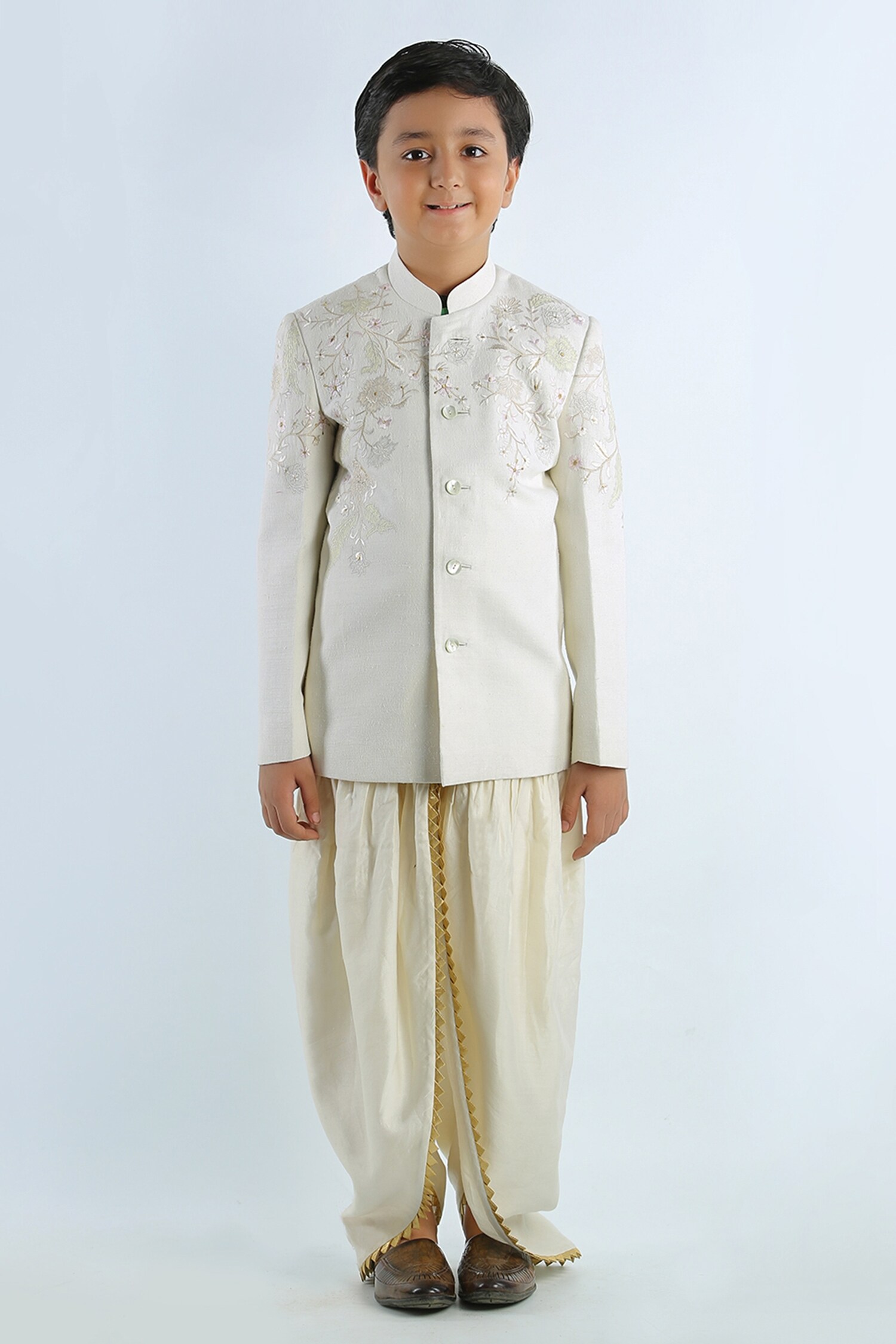 Rohit Bal Ivory Floral Embroidered Bandhgala For Boys