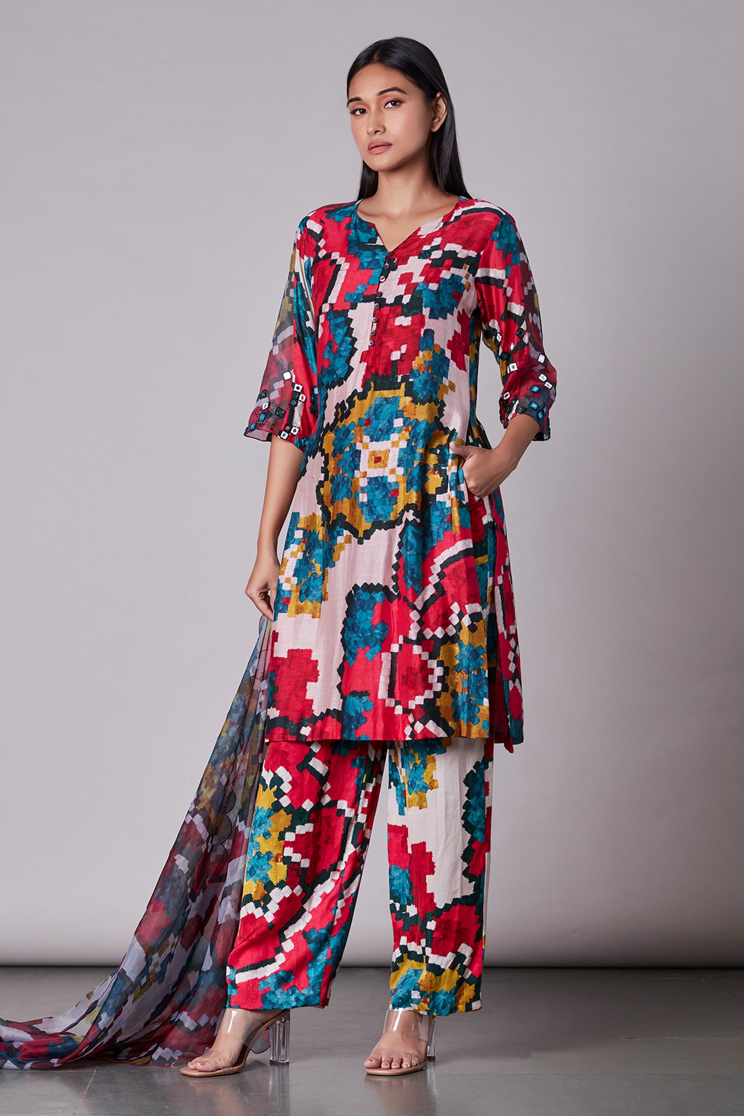Saaksha & Kinni Multi Color Cotton Silk Ikat Print Kurta
