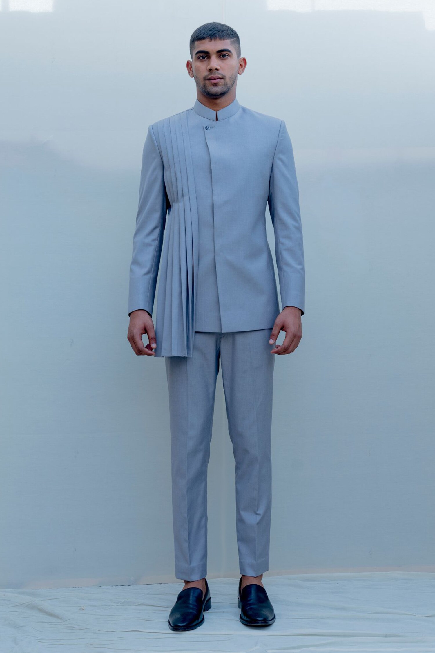 Bohame Grey Suiting Pleated Bandhgala Set
