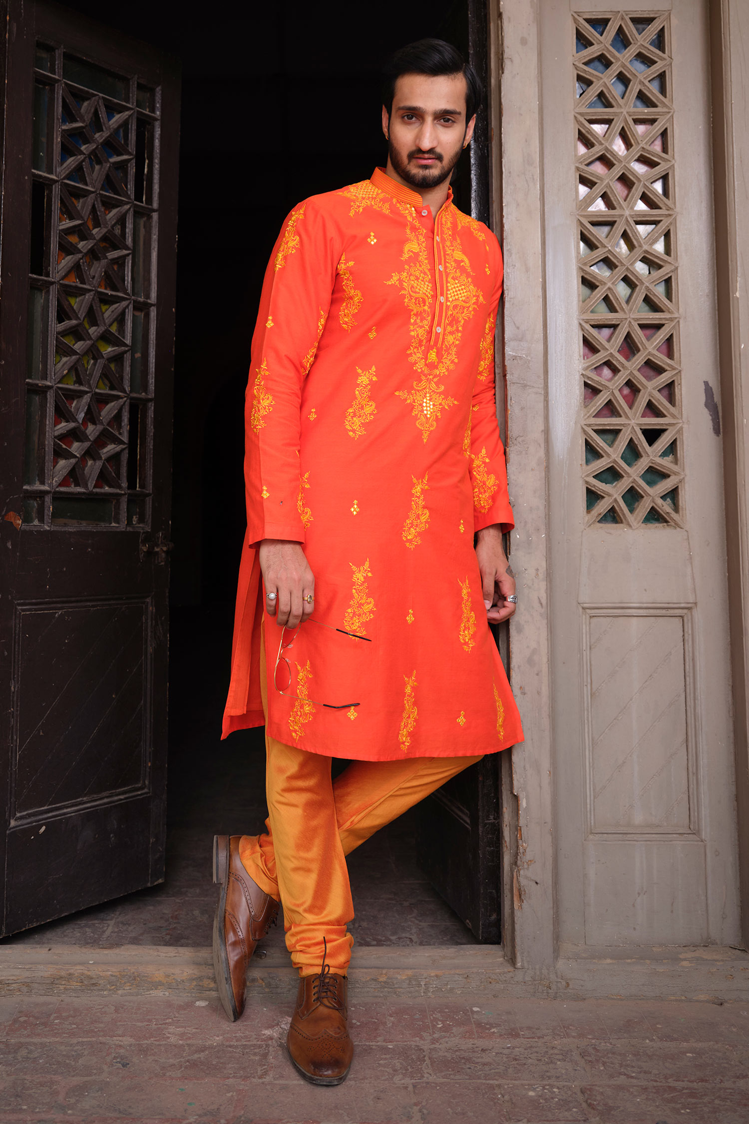 Nitesh Singh Chauhan Orange Embroidered Cotton Silk Kurta Set