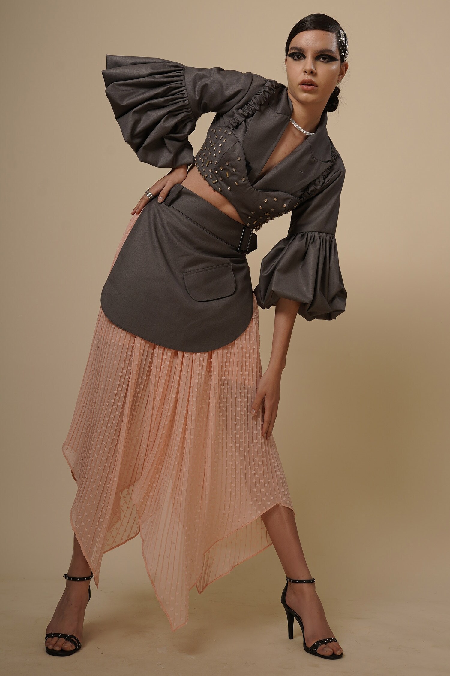 Nidzign Couture Grey Layered Blazer And Skirt Set