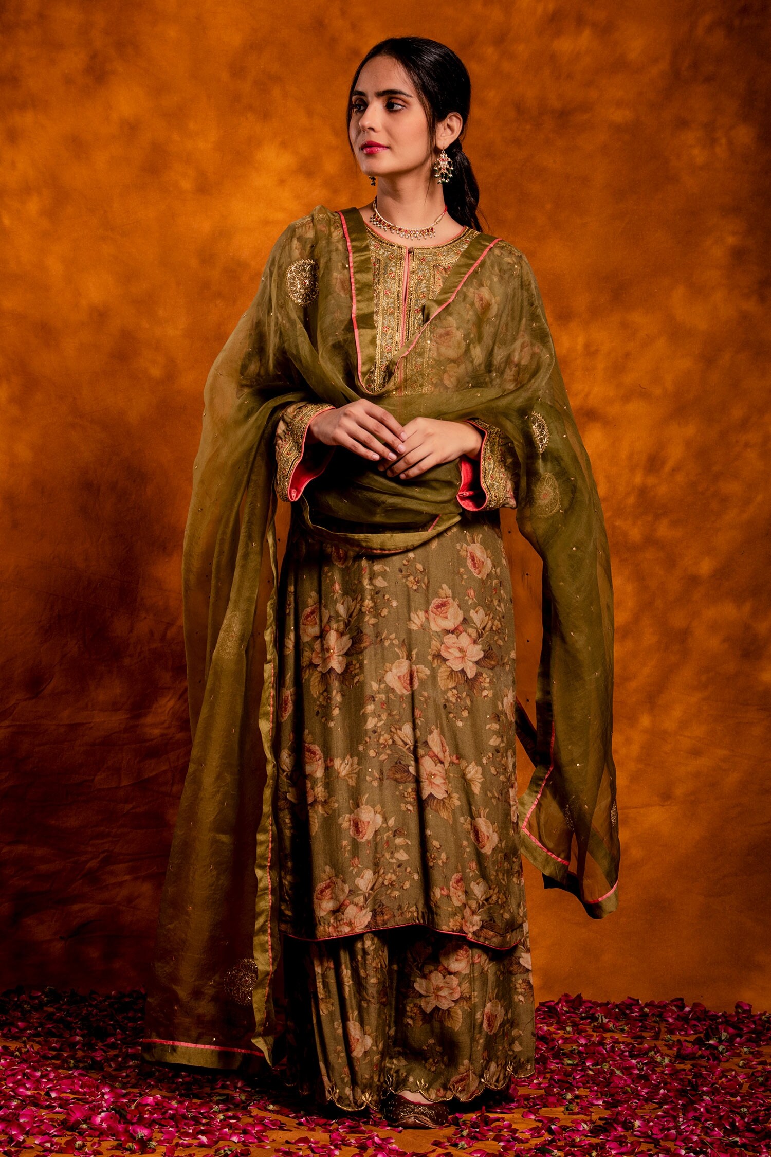 Chandbari Green Floral Print Kurta Palazzo Set